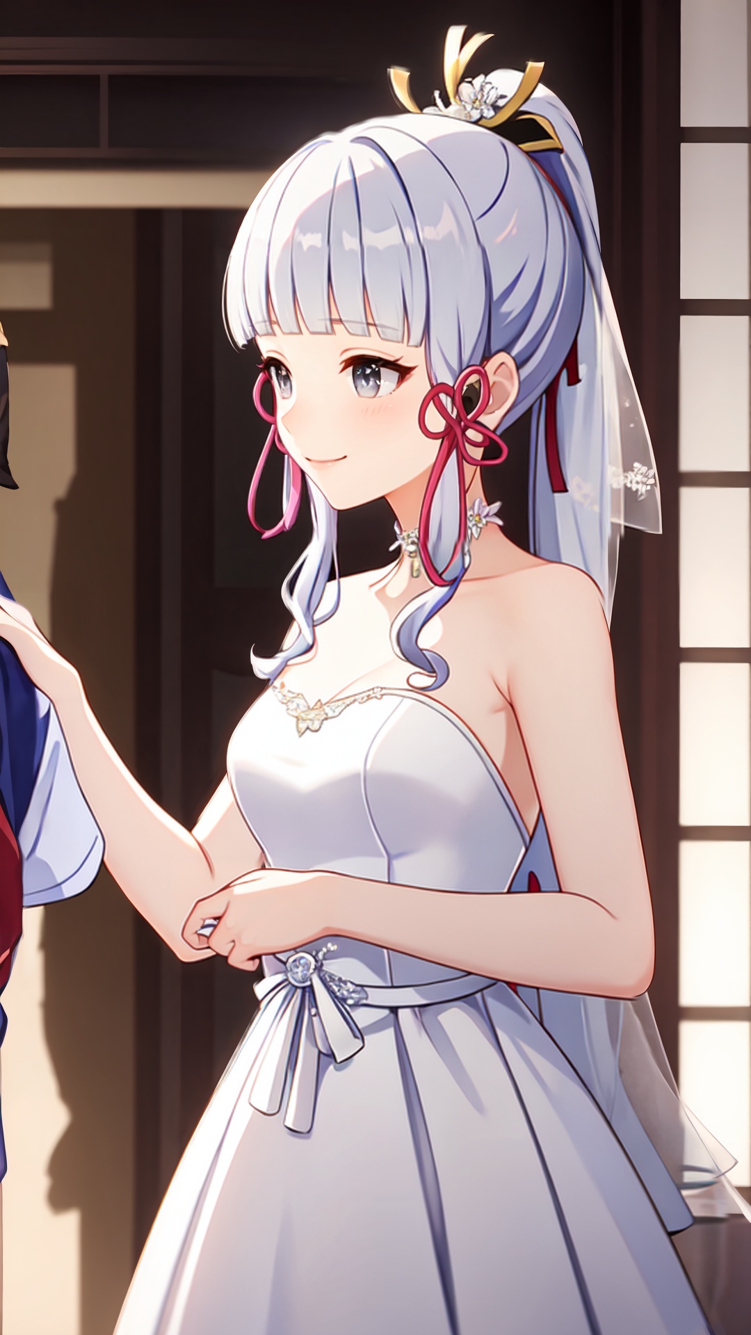 masterpiece,best quality,cinematic light,dramatic light,best shadow,colorful,wallpaper,best illumination,ultra-detailed,an extremely delicate and beautiful,dynamic angle,depth of field,<lora:ayaka:0.5>,kamisato ayaka,1girl,solo,ponytail,long hair,hair ornament,hair ribbon,blunt bangs,sidelocks,grey eyes,standing,(wedding_dress:1.5),light smile,