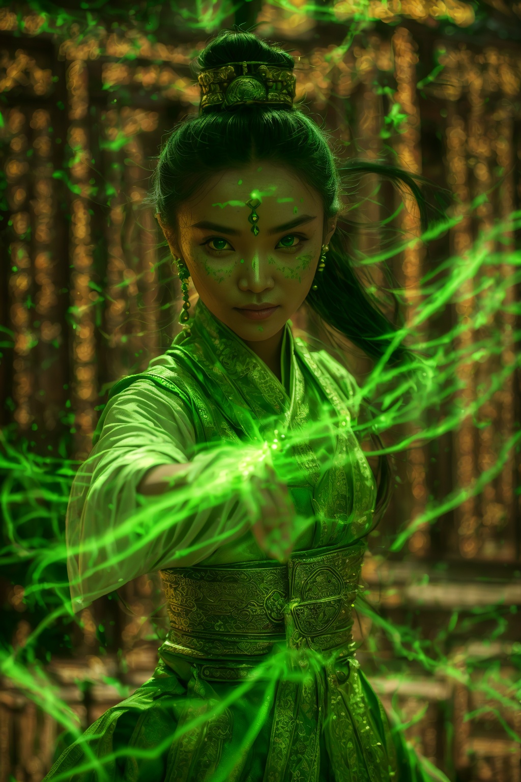 green-poison-magic,using green-poison-magic,using green-magic,green-aura,green-magic,dancing,ancient-costume,fighting stance,1girl,solo,looking at viewer,blurry,green eyes,chinese clothes,blurry background,black hair,facial mark,forehead mark,long hair,jewelry,<lora:magic_fighting_green_512_dreamshaper_8_2:0.8>,
