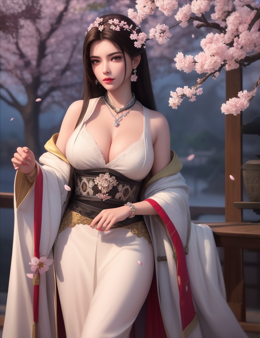 ultra realistic 8k cg, picture-perfect face, flawless, clean, masterpiece, professional artwork, famous artwork, cinematic lighting, cinematic bloom, perfect face, beautiful face, fantasy, dreamlike, unreal, science fiction, huge breasts, beautiful clothes, lace, lace trim, lace-trimmed legwear,  (rich:1.4), prestige, luxury, jewelry, diamond, gold, pearl, gem, sapphire, ruby, emerald, intricate detail, delicate pattern, charming, alluring, seductive, erotic, enchanting, hair ornament, necklace, earrings, bracelet, armlet,halo((,1girl, pov,))(((cherry_blossoms, branch, 1girl, tree, spring_\(season\), solo, petals, black_hair, japanese_clothes,looking at viewer, )))     <lora:DA_YueYaoMenswear:0.6>