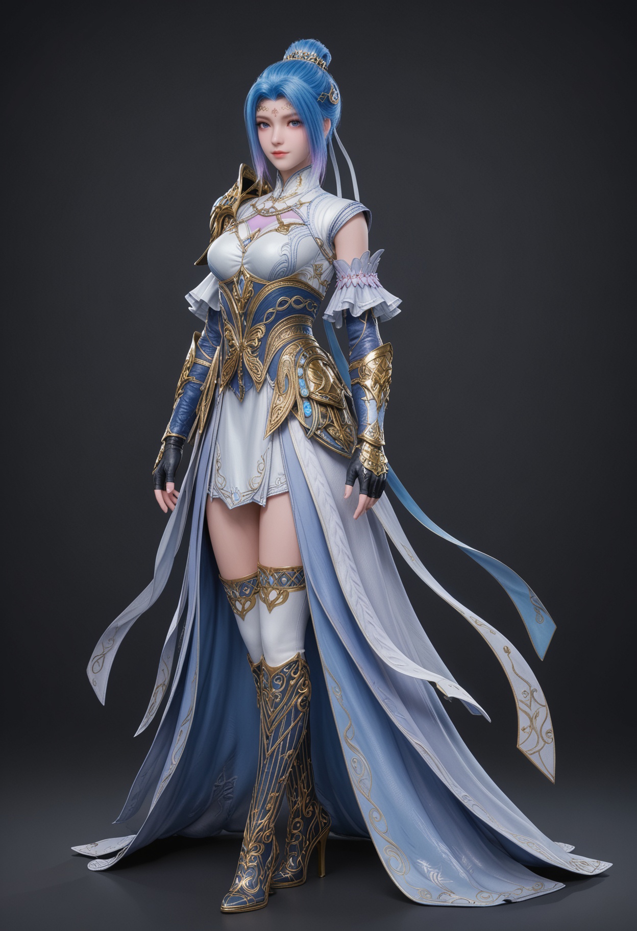 (standing full_body:1.1),score_9,score_8_up,masterpiece,(best quality),intricate details,facing viewer,(looking at viewer:1.1),<lora:YQ_pony_tangwutong_fuzhuang4_V4:0.8>,q1528437228,1girl,solo,blue hair,dress,blue eyes,hair bun,hair ornament,armor,gloves,single hair bun,forehead mark,white dress,fingerless gloves,boots,thighhighs,shoulder armor,high heels,short hair,long hair,blue dress,high heel boots,black gloves,detached sleeves,knee boots,multicolored hair,pauldrons,jewelry,skirt,white thighhighs,BREAKscore_9,score_8_up,masterpiece,(best quality),perfect anatomy,(hourglass),perfect face,(simple background,pure black background,black background:1.1),fair_skin,shiny_skin,Ivory_skin,