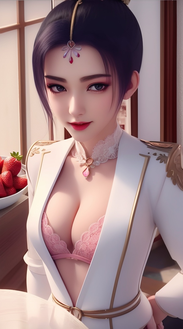 (,1girl, ,best quality, ),looking at viewer, <lora:444-DA-真阳武神-禅银纱-男装:0.8> ,, ,masterpiece, (( , )),ultra realistic 8k cg, ,    ,cleavage,strawberry blossoms,lace , (cleavage), (), 