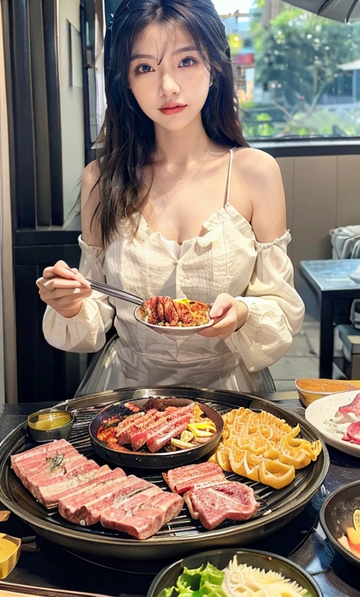 (masterpiece,best quality),(ultra-detailed),high quality,extremely detailed CG unity 8k wallpaper,(1girl),food,plate,(solo),(barbecue, Japanese style barbecue),Kaorou,realistic,cup,looking at viewer,soup,meat,spoon,pasta,holding,skirt,outdoors,bowl,formal,table,sitting,parted lips,salad,lemon,chair,photo background,<lora:Kaorou_20231214101736-000004:0>,<lora:Kaorou_20231214101736-000005:0>,<lora:Kaorou_20231214101736-000006:0>,<lora:Kaorou_20231214101736-000016:0>,<lora:Kaorou_20231214101736-000017:0.7>,<lora:Kaorou_20231214101736-000018:0>,