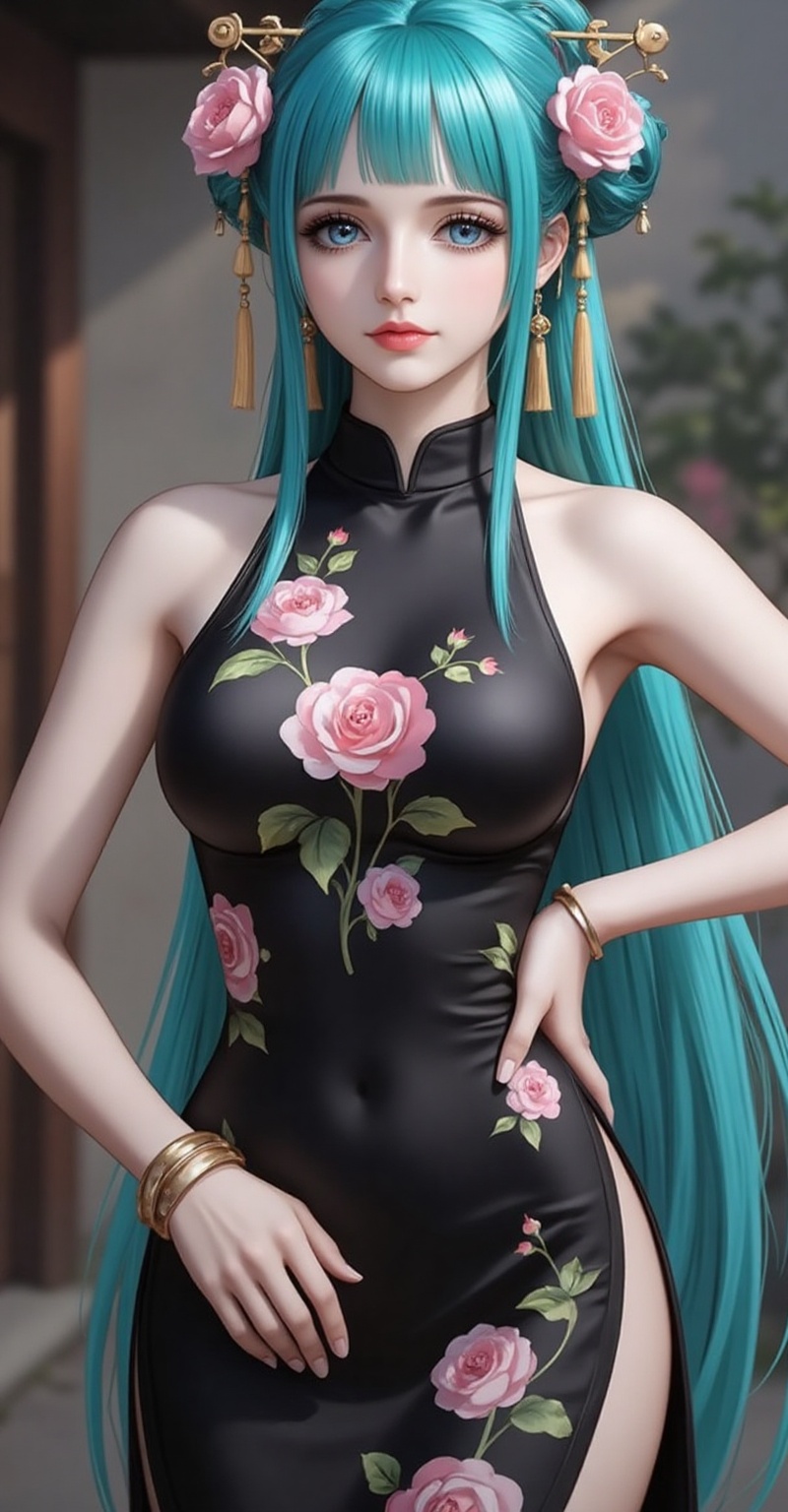 lvjing,baoshi,lvjing,rihe,1girl,hair ornament,hair flower,flower,long hair,aqua hair,blue eyes,aqua eyes,blunt bangs,pink flower,1girl,dress,jewelry,earrings,china dress,chinese clothes,blurry background,blurry,breasts,solo,looking at viewer,hand on own hip,floral print,sleeveless,black dress,sleeveless dress,bracelet,parted lips,bare shoulders,side slit,cowboy shot,holding,cover,simple background,gradient background,close-up details,outstanding style,(baoshi),adding a touch of dimension to your images without compromising details,close-up,