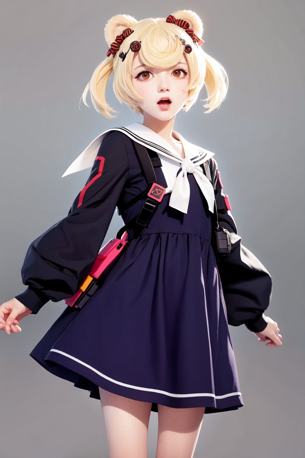gummy_(arknights),1girl,candy_hair_ornament,open_mouth,hairclip,solo,sailor_dress,looking_at_viewer,long_sleeves<lora:gummy_(arknights):1>,simple background,white backgroundmasterpiece,best quality, highly detailed, 