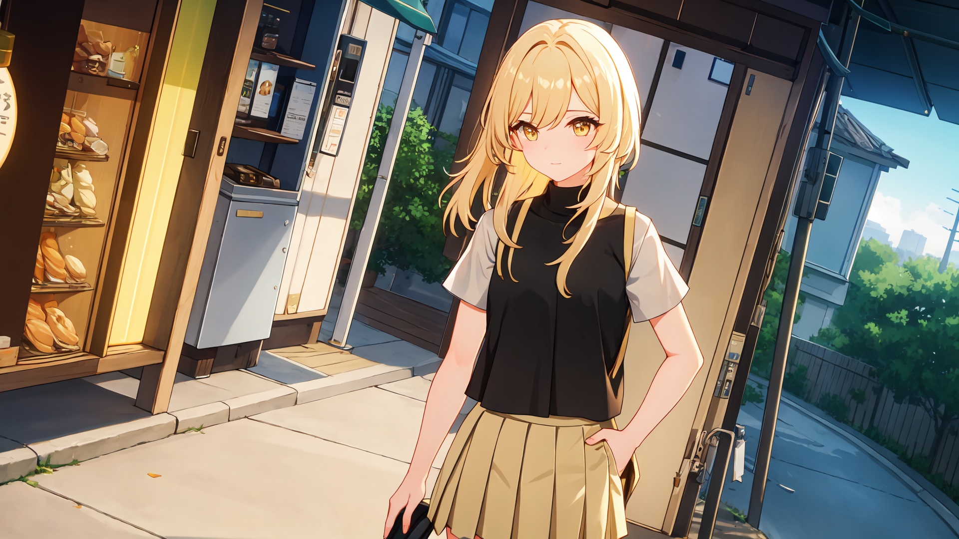 masterpiece,best quality,cinematic light,dramatic light,best shadow,colorful,wallpaper,high contrast,best illumination,ultra-detailed,an extremely delicate and beautiful,dynamic angle,depth of field,cowboy shot,upper body,<lora:lumine:0.6>,(lumine (genshin impact):0.8),(solo:1.3),1girl,yellow eyes,blonde hair,(pleated skirt:1.3),(black shirt:1.3),perfect face,perfect eyes,sidelighting,outdoors,street,phone booth,cityscape,shop,handrail,street lamp,power lines,hands in pockets,sidelocks,