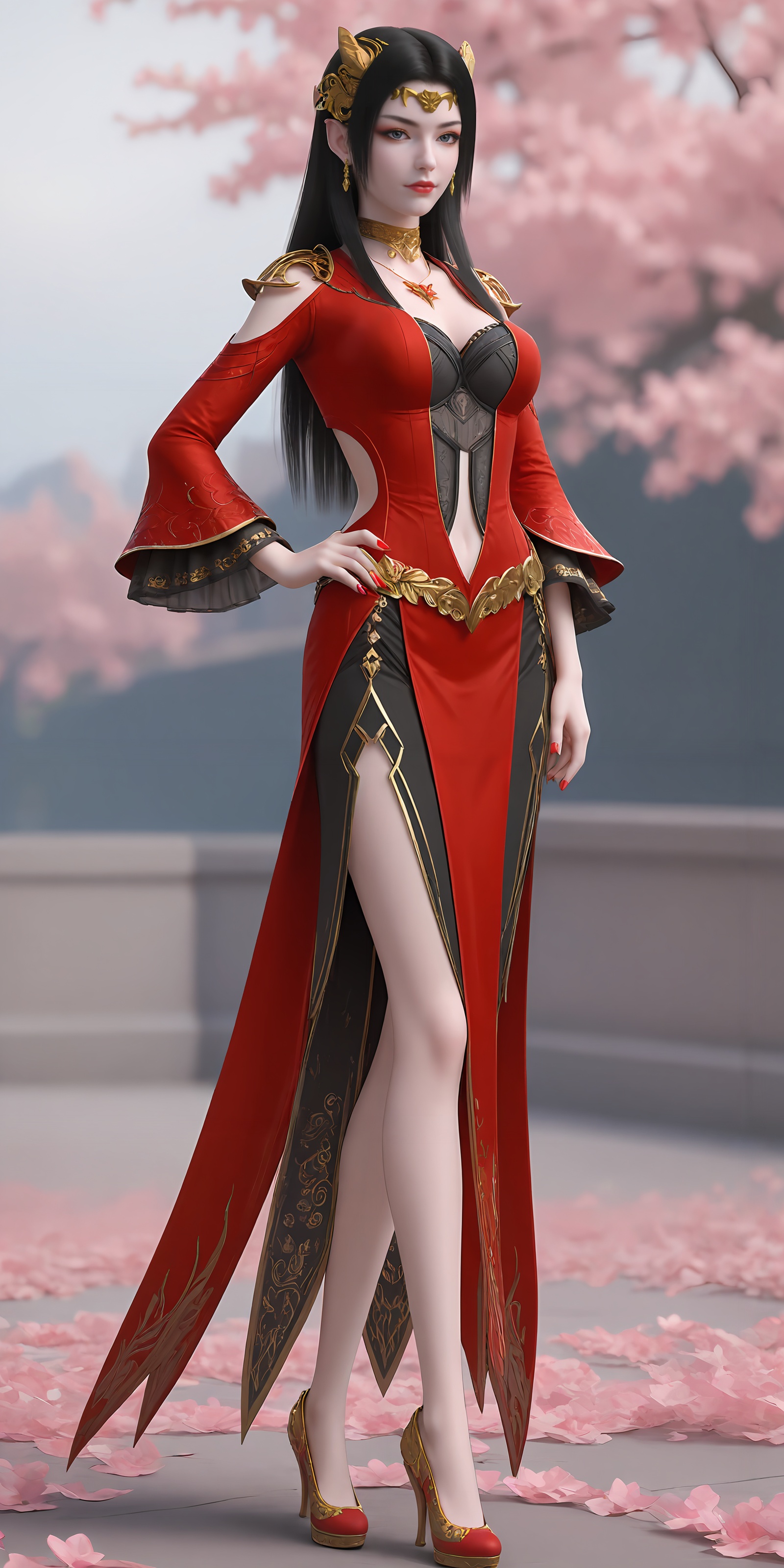 <lora:美杜莎pony-000013:0.6>,meidusha,1girl,solo,jewelry,dress,black hair,red dress,full body,clothing cutout,long hair,earrings,hand on own hip,red footwear,breasts,high heels,red nails,necklace,navel cutout,hair ornament,standing,looking at viewer,navel,depth of field,masterpiece,best quality,very aesthetic,2024,2023,perfect composition,ultra-detailed,extreme aesthetic,(quasarcake:0.7),masterpiece,best quality,good quality,newest,year 2024,year 2023,very aesthetic,absurdres,looking_at_viewer,colorful,
