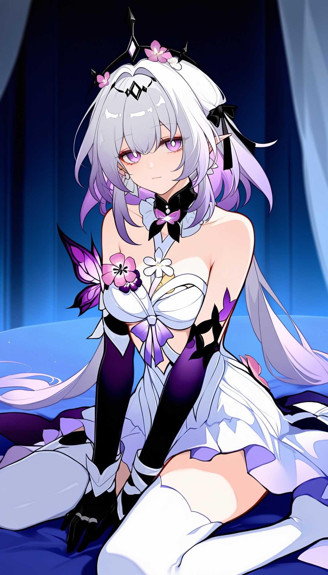 xiadie,a girl named xiadie,1girl,solo,bare shoulders,white dress,black gloves,purple gloves,elbow gloves,purple flower,white thighhighs,<lora:瑕蝶2noob:1>,indoors,bedroom,wariza,expressionless,light smile,honkai: star rail,year 2024,(sheya:0.2),(ooo_wange:1),(wlop:0.0),very awa,very as2,best quality,masterpiece,best quality,absurdres,highres,newest,
