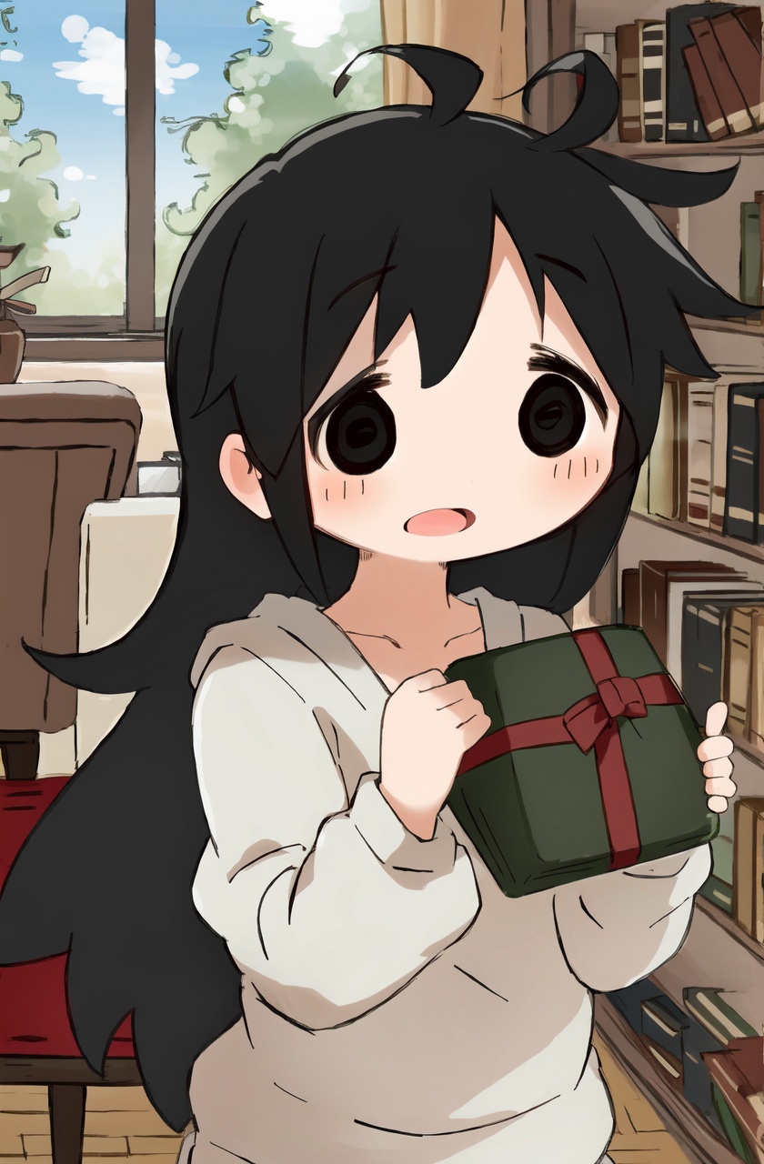 masterpiece,best quality,absurdres,1girl,black hair,black eyes, long hair, open mouth, book, ahoge, indoors, bookshelf,sitting, table,upper body,gift bag,,