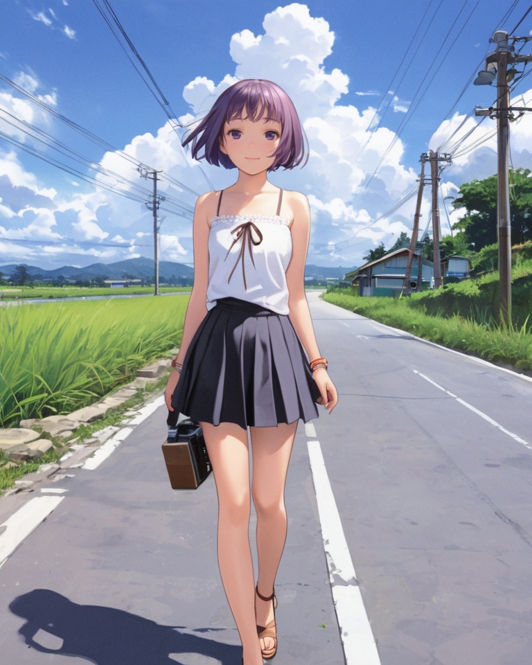(best quality), ((masterpiece)), (highres), illustration, original, extremely detailed,  <lora:莲实复古动漫XL:0.7>1girl, solo, short hair, outdoors, skirt, purple hair, camera, sky, day, bracelet, cloud, grass, bare shoulders, holding, path, jewelry, standing, smile, road, camisole, bob cut, tree, power lines, holding camera, bangs, sleeveless, feet out of frame, shirt, wind, purple eyes