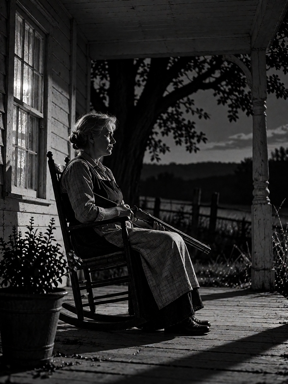 An elderly ***** woman sitting upright on a farmhouse porch at night,  holding a shotgun across her lap,  watching the dar...