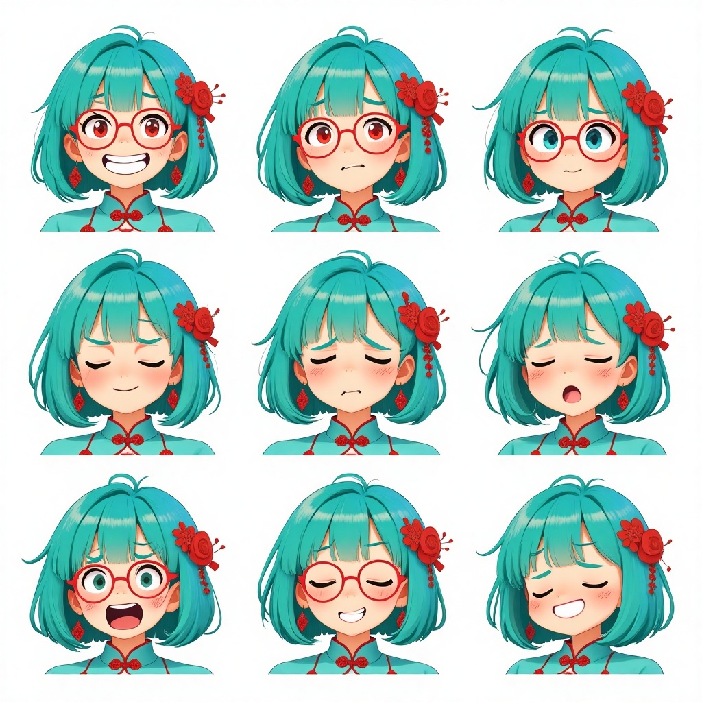 Create a 9-grid emoji pack featuring the girl with aqua blue bob hair,  red-framed glasses,  red floral hair accessories o...