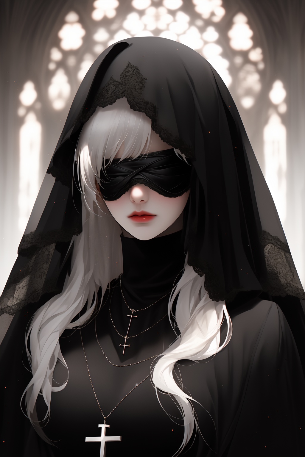 ShenMi, 1girl, solo, long hair, jewelry, necklace, white hair, upper body, veil, blindfold, covered eyes, facing viewer, closed mouth, dress, nun, lips, gothic style, Black robe, white hair <lora:ShenMi7:0.8>