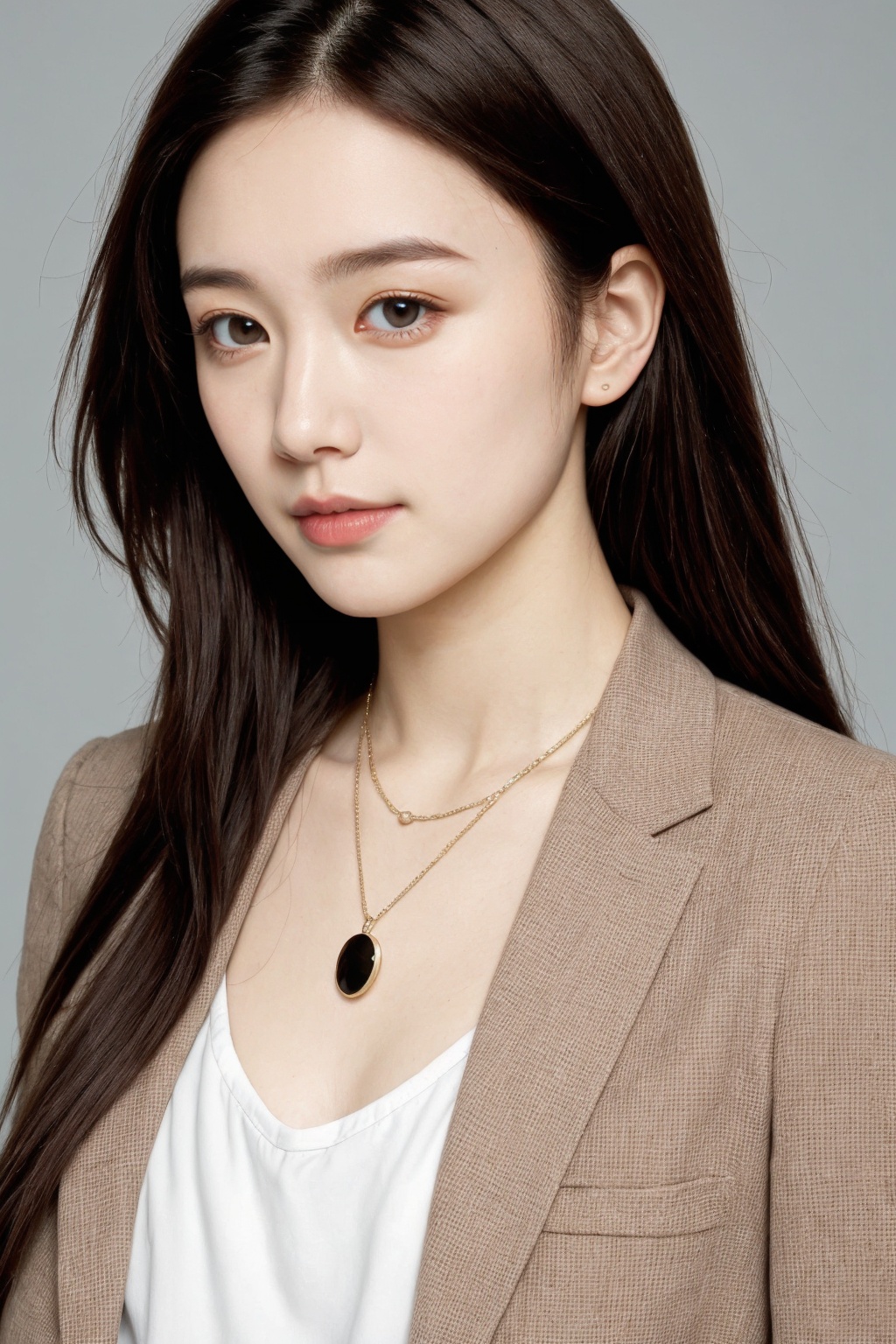 1girl, solo, realistic, photorealistic, film grain, realistic, necklace, (smirk:0.3), long hair, looking at viewer, brown eyes, jacket, simple background, grey background, upper body,