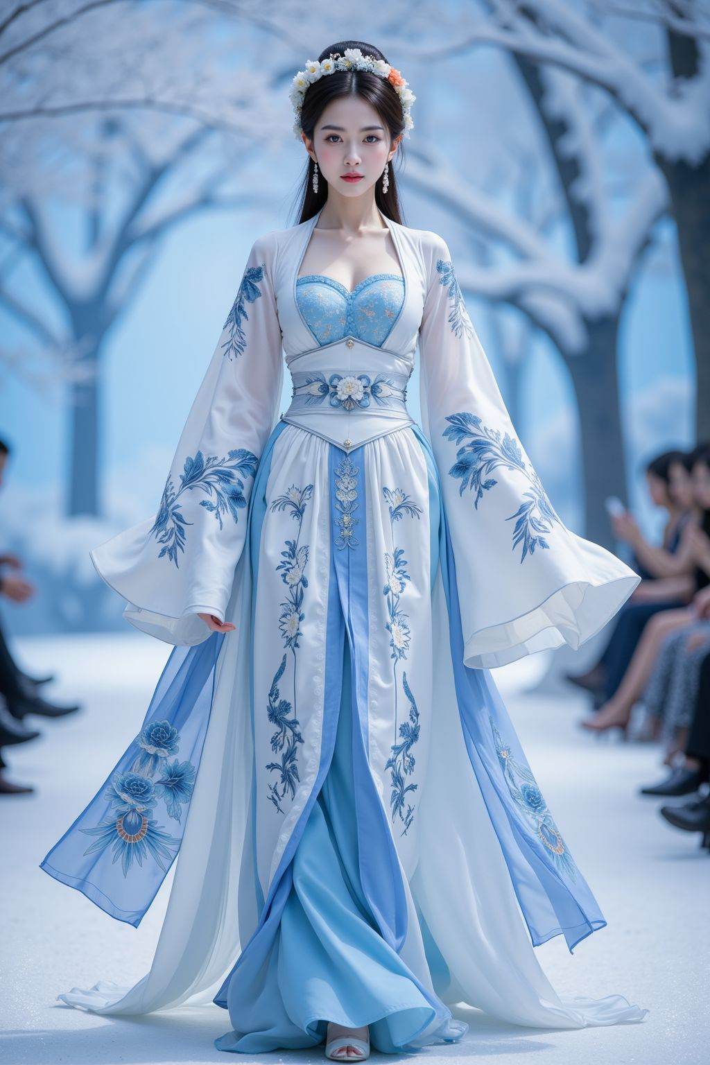 An ethereal scene at a fashion show, a young Asian woman with pale skin and delicate features walks down a runway, she sports a traditional Chinese qipao with long blue and white floral designs, her gown combines flowing silk fabric and voluminous, asymmetrical sleeves, the background presents a serene, snowy landscape with blurred trees and a soft blue hue, enhancing the tranquil ambiance, her hair is styled in an elegant updo adorned with a flower crown, the overall visual is rich in textures and vibrant colors, with soft, ambient lighting casting a gentle glow.