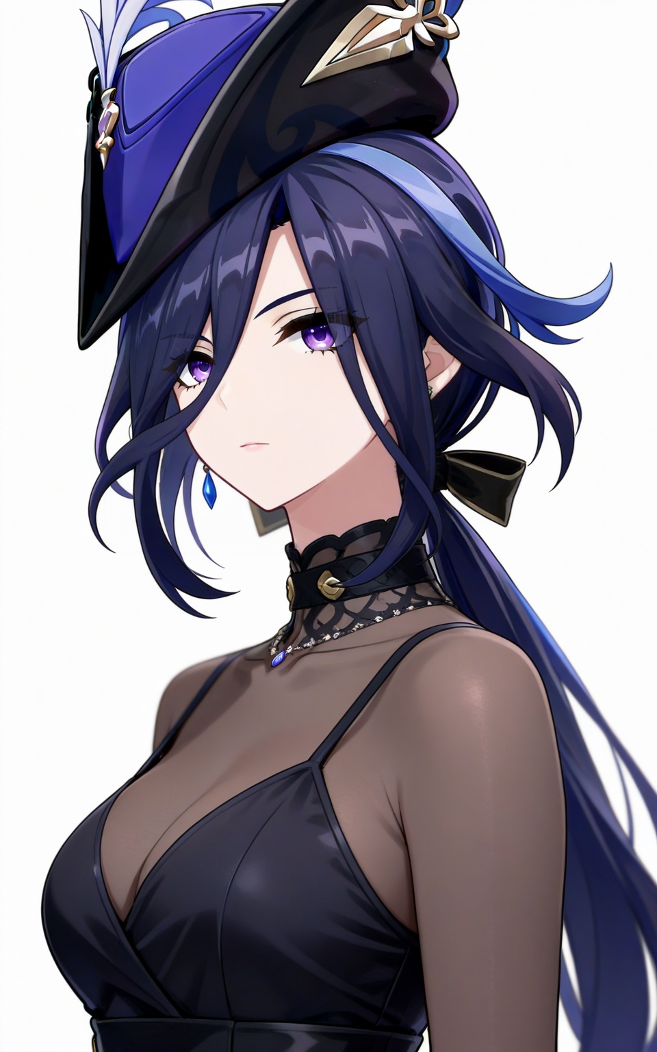 depth of field,masterpiece,best quality,very aesthetic,alternate costume,alternate costume,2024,2023,perfect composition,ultra-detailed,extreme aesthetic,masterpiece,best quality,good quality,newest,year 2024,year 2023,very aesthetic,absurdres,looking_at_viewer,colorful,white_background,simple background,upper_body,dress,<lora:克洛林德·衣服百搭款ILL:0.8>,clorinde \(genshin impact\),dark blue hair,multicolored hair,streaked hair,blue hair,purple eyes,low ponytail,long hair,earrings,hair between eyes,hat,hat feather,tricorne,