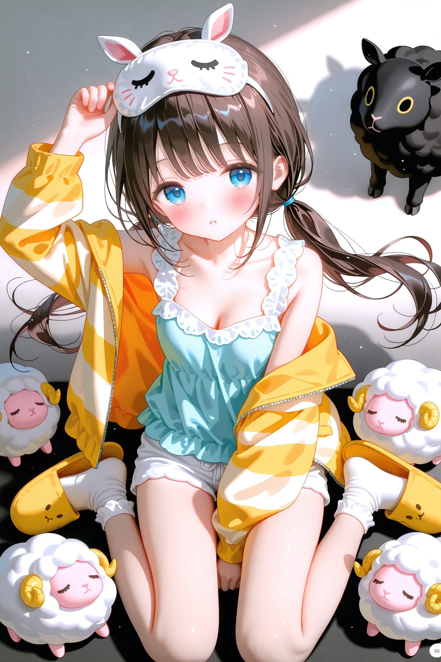 1girl,solo,long hair,breasts,looking at viewer,blush,bangs,blue eyes,brown hair,black hair,long sleeves,cleavage,twintails,sitting,collarbone,jacket,full body,small breasts,parted lips,open clothes,shorts,sleeveless,socks,striped,off shoulder,arm up,shiny hair,short shorts,mask,floating hair,wariza,between legs,hand between legs,page number,white shorts,mask on head,slippers,sheep,striped jacket,sleep mask,