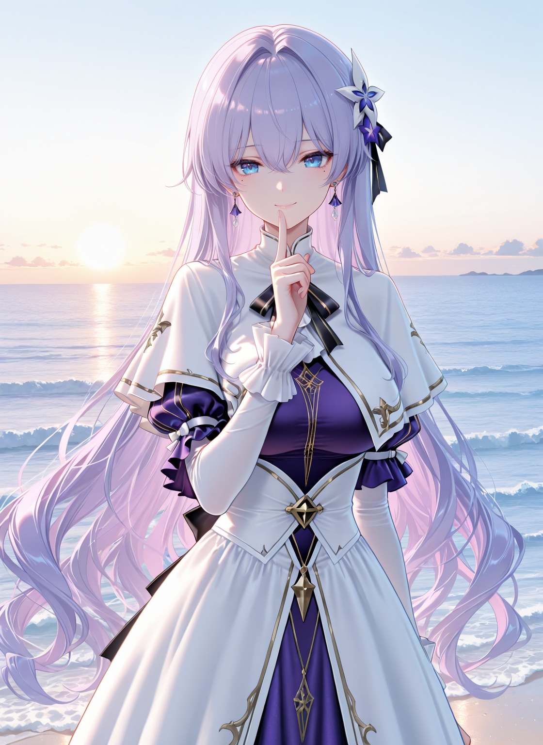 masterpiece,best quality,newest,absurdres,highres,soft shadows,year2024,mutou kurihito,(kimishima ao:0.7),(hiten \(hitenkei\):0.4),(sheya:0.4),<lora:Cantarella youngXLNAI:1>,Cantarella (\young\),1girl,light purple hair,blue eyes,hair ornament,hair between eyes,mole under eye,earrings,white capelet,puffy sleeves,long sleeves,purple dress,white dress,ocean,standing,finger to mouth,smile,