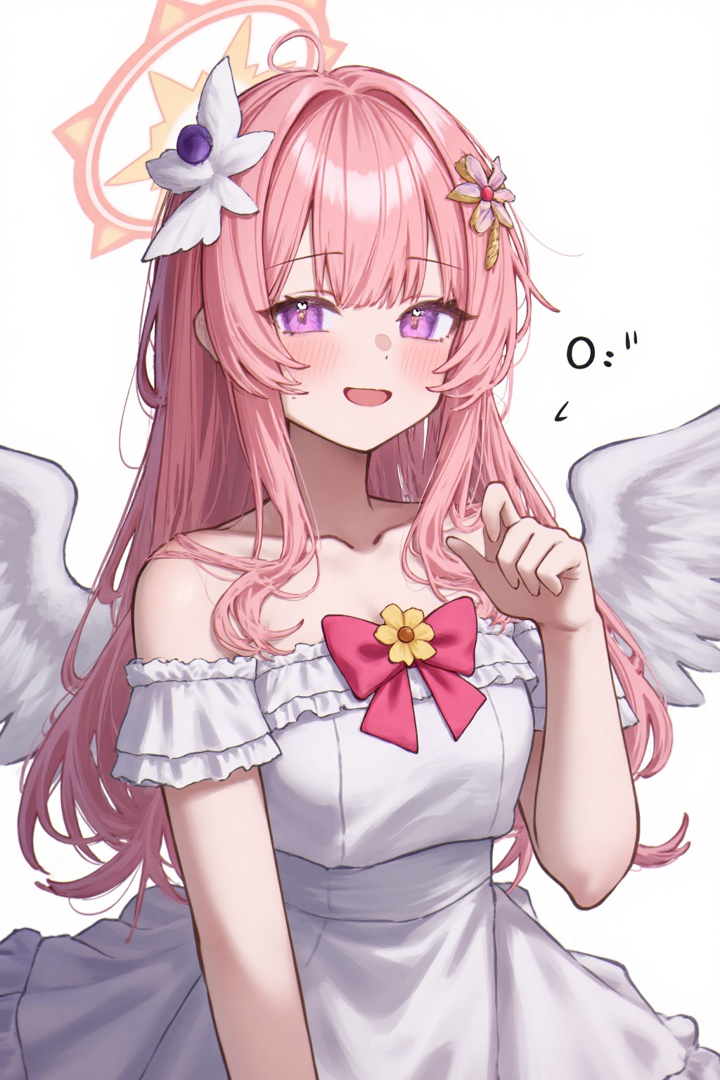 anon,1girl,breasts,pink hair,halo,dress,purple eyes,long hair,solo,wings,medium breasts,bird,white dress,sleeveless,feathered wings,bow,center frills,feathers,blush,hair between eyes,frills,white background,looking at viewer,bare shoulders,hair ornament,sleeveless dress,parted lips,hand up,pink bow,:o,frilled dress,flower,simple background,sideboob,very long hair,cowboy shot,