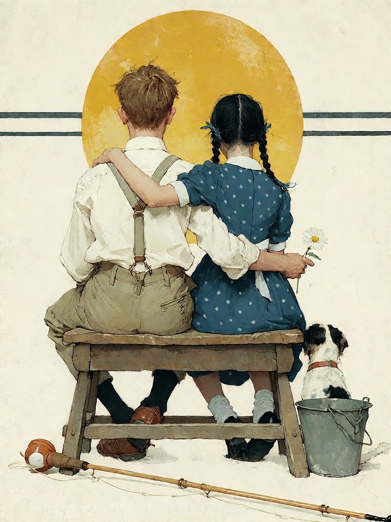 Bradhamel art style. A painting of two children,  a boy with reddish-brown hair in suspenders and a girl with dark braided...
