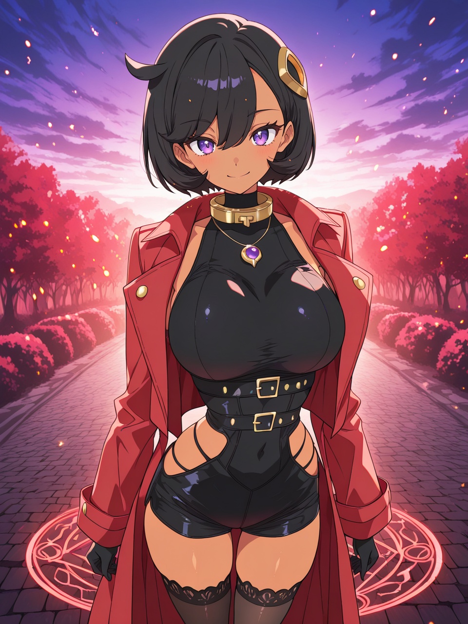 deep-cut crimson magic jacket with underbust cross-straps,  high arcane collar,  bust-emblem pendant on Tensor.Art