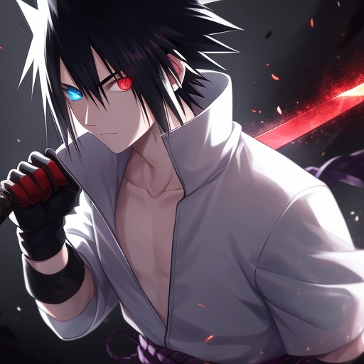 1boy,bangs,black gloves,black hair,closed mouth,collarbone,gloves,glowing,hair between eyes,heterochromia,holding weapon,looking at viewer,male focus,red eyes,shirt,solo,spiked hair,sword,uchiha sasuke,upper body,white shirt,<lora:2.9huoyingsd1.5:0.8>,