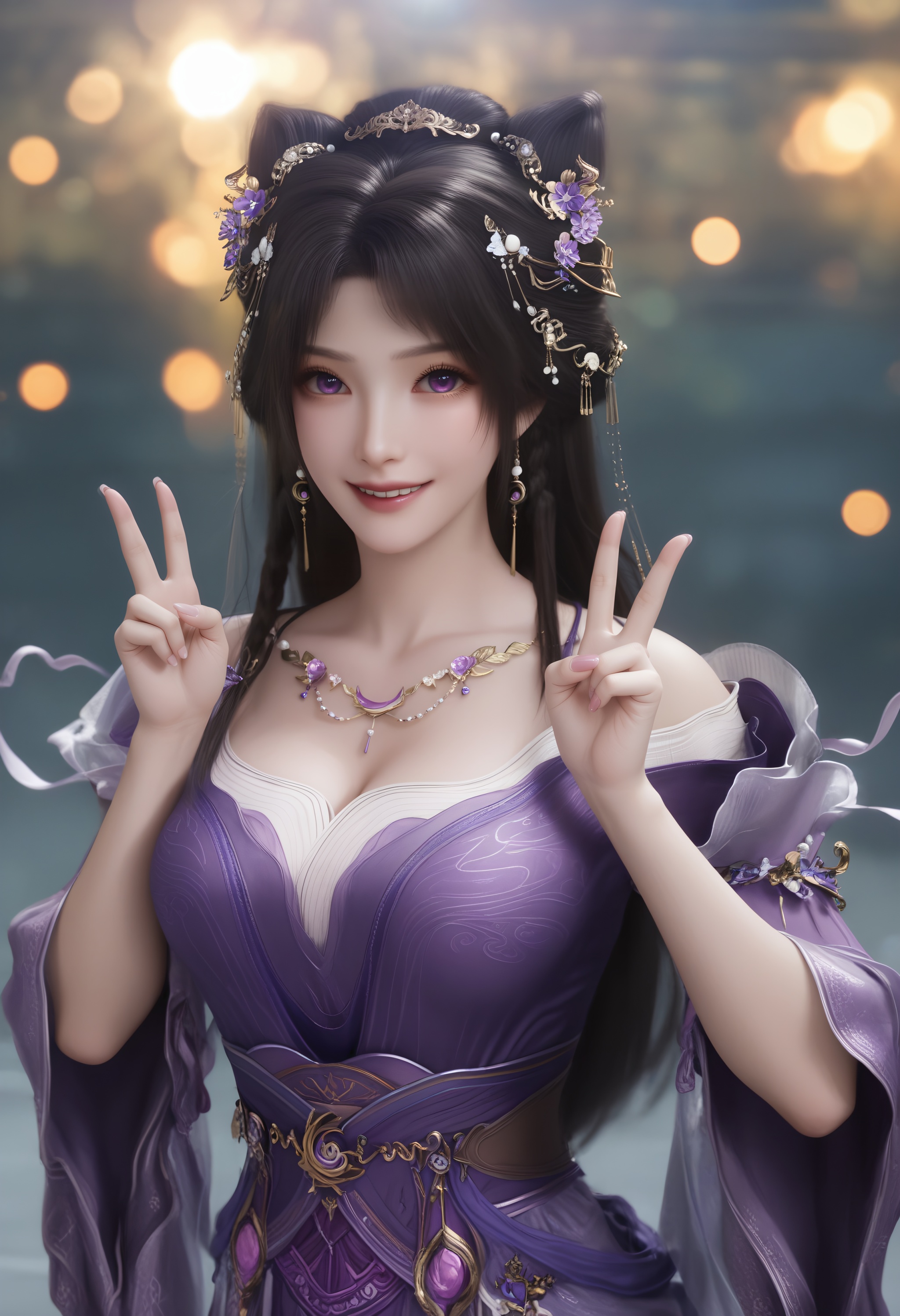 (score_9),kind_smile,1girl,solo,<lora:姬紫月-Apony-000008:0.85>,jiziyue,jewelry,hair ornament,black hair,hair flower,long hair,double bun,braid,earrings,off-shoulder dress,purple dress,necklace,purple eyes,waist belt,collarbone,cleavage,large breasts,BREAKsolo focus,upper body,front view,(double v),<lora:e肤色滑块:0.8>,(light_skin),(white_skin),BREAKsimple background,depth of field,lens_flare,bokeh,