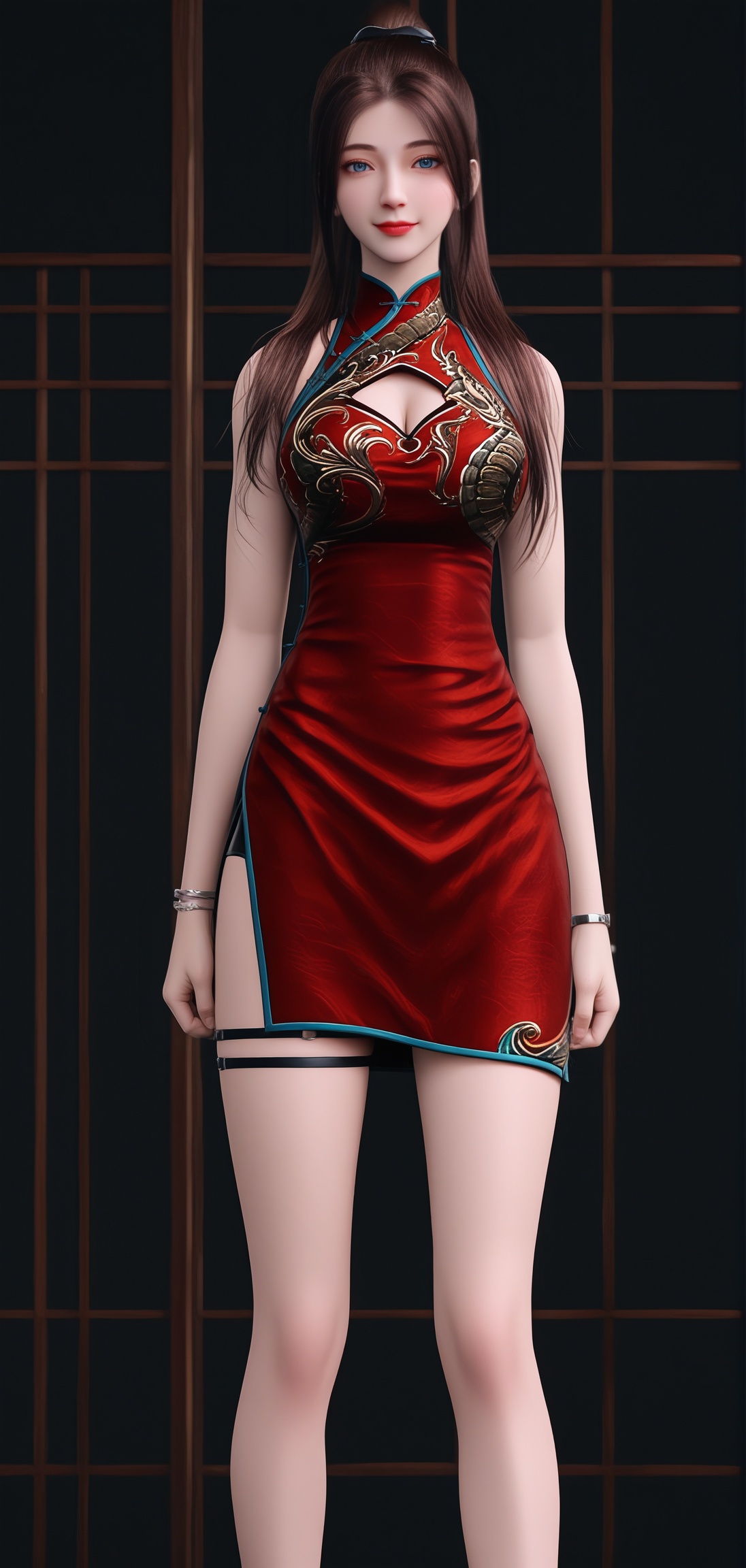 (score_9),masterpiece,best quality,absurdres,highres,(white_skin),(Ivory_skin),light_skin,BREAK1girl,solo,<lora:唐紫尘-ill-000009:0.82>,htzc,igh ponytail,long hair,brown hair,blue eyes,light smile,(looking at viewer),(front view),light blush,bare shoulders,clothing cutout,cleavage cutout,bracelet,china dress,(red_china dress),thigh strap,short shorts,bare legs,(large teardrop breasts),(large breasts),standing,BREAK(Cinematic Lighting:1.1),simple background,black background,