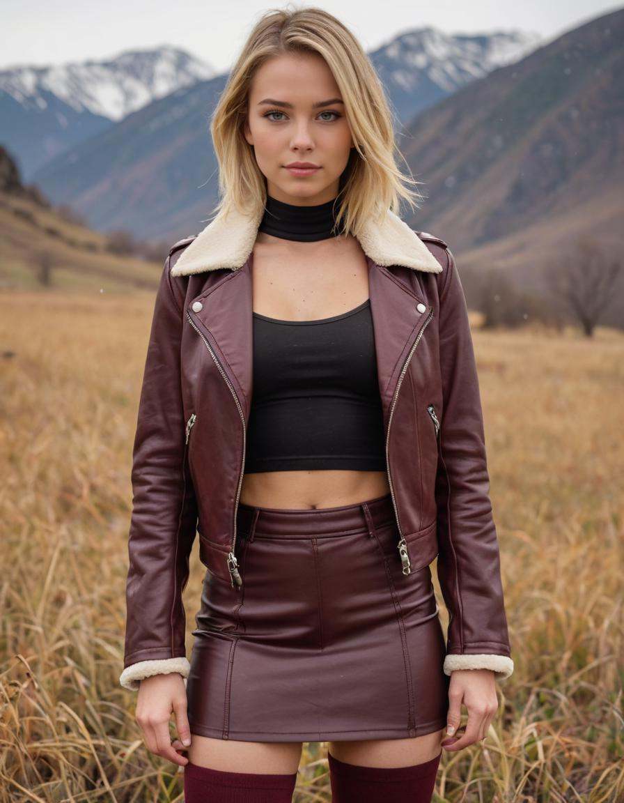 (Very close shot, zoomed in close-up face portrait:1.5) photo of a smiling, (closed mouth:1.5) flirty beautiful weightlifter young 18 year old Hawaiian woman with short straight bohemian blonde hair,. (small breasts:1.3), toned ass.She is wearing a (maroon leather jacket, skirt, and tights, high heel boots:1.1).She is slutty leaning facing away from camera, in a field with canyons and small mushrooms in the background. morning, snowing.cinematic lighting, vibrant colors, detailed skin texture, detailed cloth texture, beautiful detailed perfect face, intricate sharp details, ultra high res