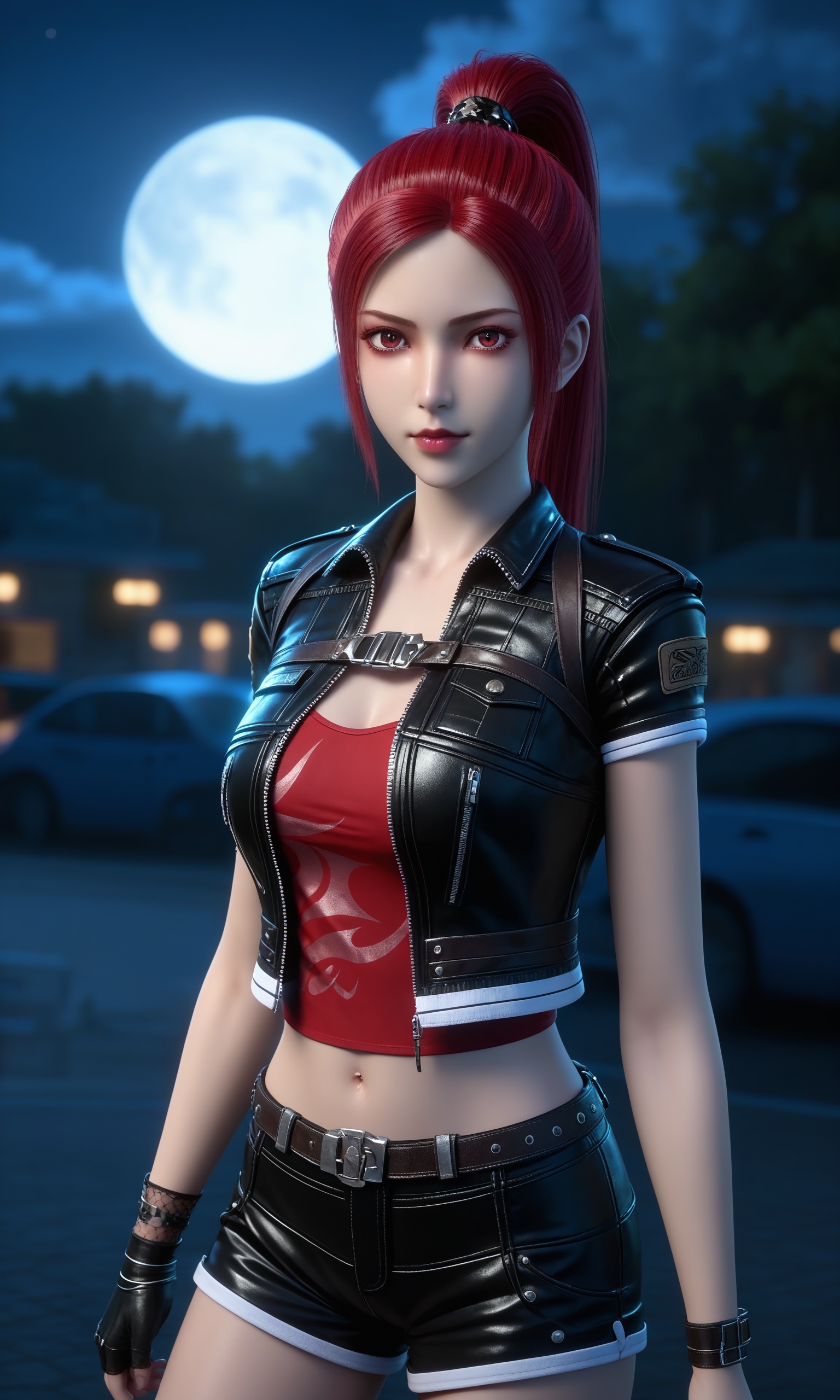 <lora:游侠战纪-秦梨落Pony:0.7>,1girl,striking red hair,high ponytail,red eyes,black leather jacket with white trim,red crop top,belt,black leather shorts,, 1girl,solo,shiny,shiny_hair,upper_body,fair_skin,white_skin,shiny_skin,shiny,Ivory_skin,looking at viewer,cinematic lighting,volumetric lighting,solo focus,blurry background,depth of field,night,sky,night sky,full moon,moonlight,