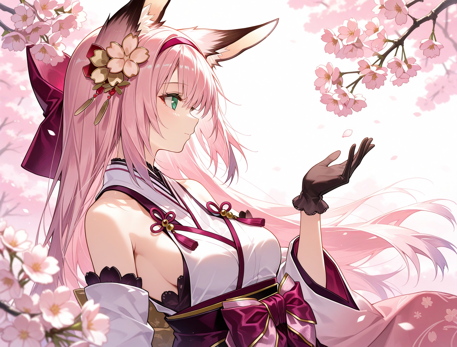 <lora:hanazuki_IL_v1.0:1>,hanazuki \(azur lane\),cherry blossoms,profile,hand up,, masterpiece,best quality,