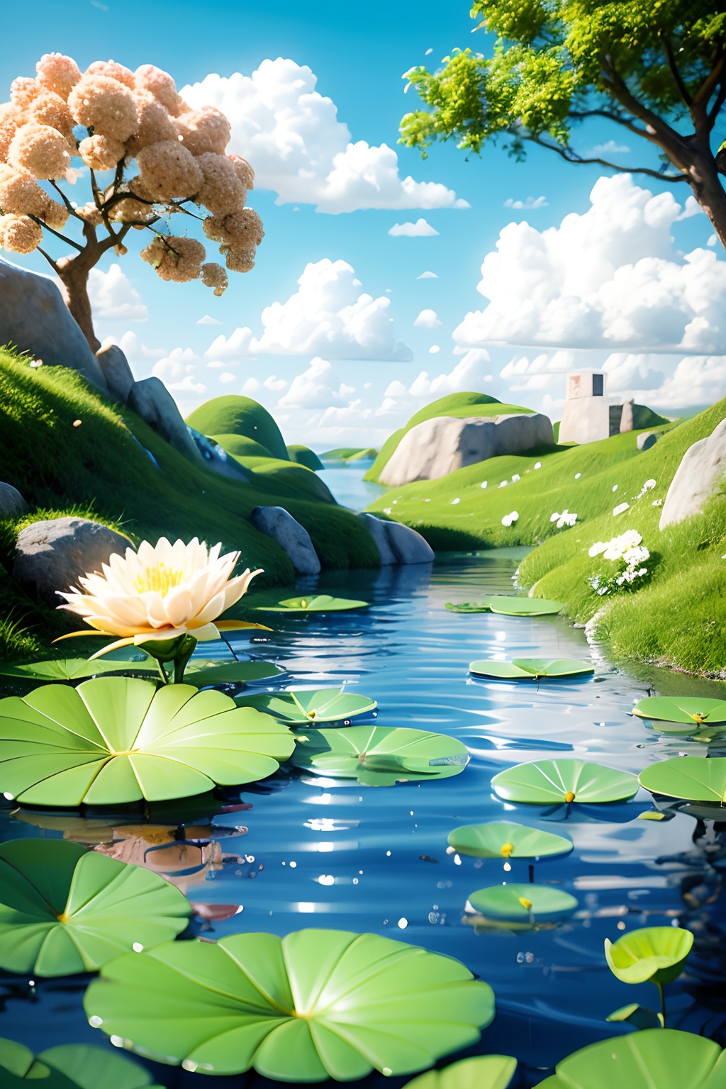 amazing, \(best quality:1.2\), Best quality, still life , 3d scene, flower, outdoors, sky, day, cloud, water, blue sky, no humans, white flower, scenery, lily pad