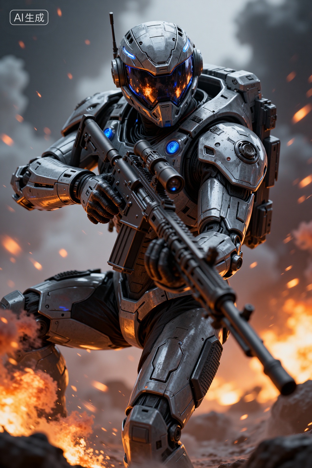 A highly detailed CGI image of a futuristic armored soldier in a sci-fi setting,wielding a rifle. The soldier,clad in metallic,segmented armor with glowing blue accents,has a reflective visor and is surrounded by intense,fiery explosions. The background is filled with smoke and flames,creating a dramatic,action-packed atmosphere.,, Negative prompt: ng_deepnegative_v1_75t,(badhandv4:1.2),EasyNegative,(worst quality:2),,nsfw, Steps: 20, Sampler: DPM++ 2M, CFG scale: 3.5, Seed: 1609245387, Size: 1024x1536, Model hash: 8cba4f1ef4, Model: F.1基础算法模型-哩布在线可运行_F.1-dev-fp8.safetensors, Denoising strength: 0, RNG: CPU, Lora 1: 20250924-1758728956383-0005, Lora Hash 1: ad89eec96e, Lora Weight 1: 0.8, vae_name: automatic