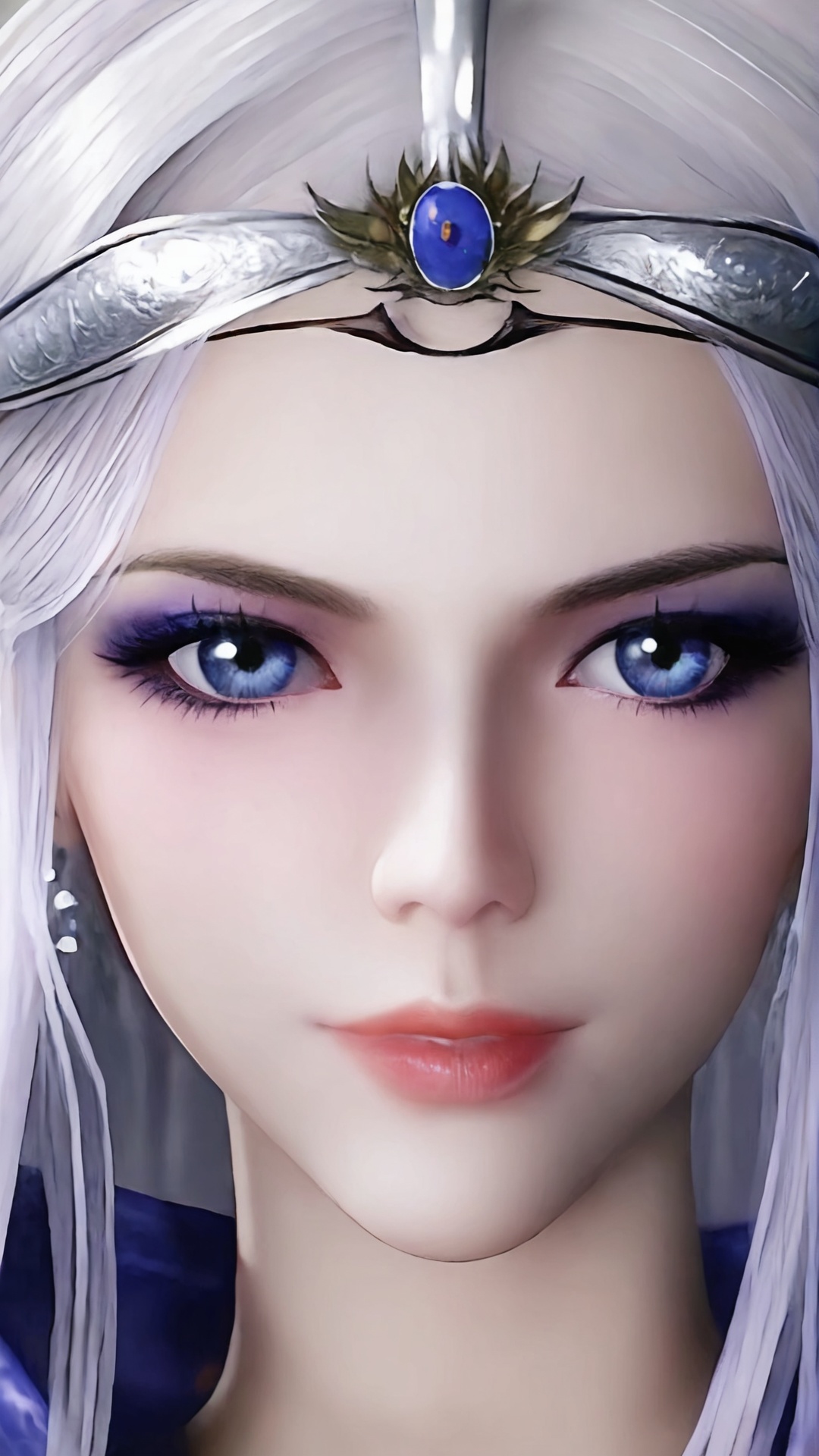 The image is a close-up portrait of a young woman's face. She has white hair that is styled in loose waves and falls over her shoulders. Her eyes are a deep blue color and her eyebrows are a lighter shade of blue. She is wearing a silver headpiece with a large, ornate design on top. The headpiece appears to be made of metal and has a pointed tip. The woman's expression is serious and she is looking directly at the camera. The background is blurred, so the focus is on her face.<lora:pony雪女:0.8>,