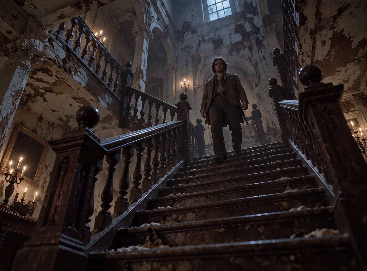 A vast decaying Victorian mansion interior,  enormous central staircase rising into darkness,  shot from a dramatic low an...