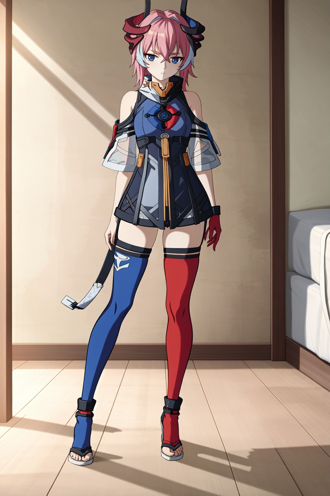 delta honkai3rd,<lora:delta-000015:0.8>,asymmetrical legwear,red legwear,blue legwear,expressionless,bedroom,, 1girl,,  (masterpiece,best quality:1.2),absurdres