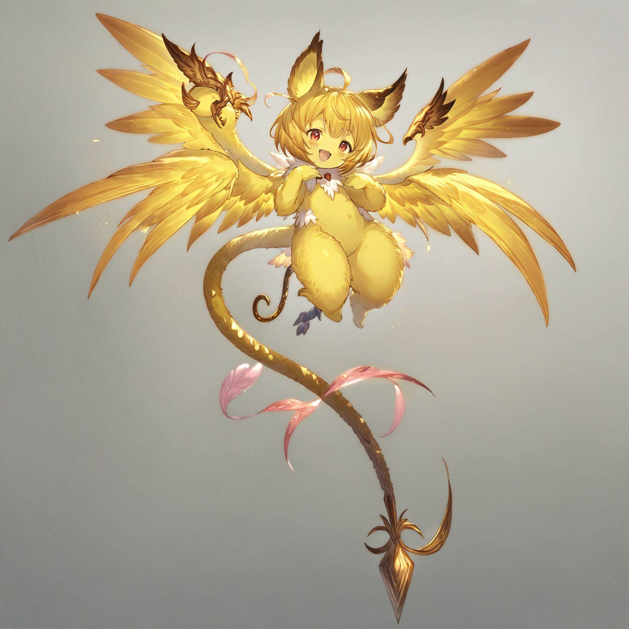 (best quality),((masterpiece)),(highres),illustration,original,extremely detailed,erune,kero,no humans,wings,open mouth,full body,simple background,solo,white background,:3,tail,creature,smile,:d,
