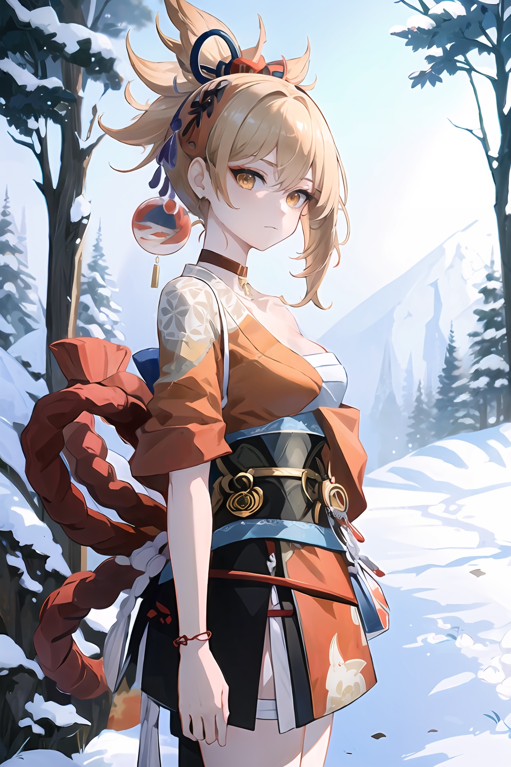 (masterpiece, best quality:1.2),insanely detailed,absurdres,ultra-highres,ultra-detailed,best quality,slender,kawaii,perfect symmetrical face,ultra cute girl,ultra cute face,ultra detailed eyes,ultra cute,ultra beautifu,<lora:Yoimiya-000001:1>,yoimiya \(genshin impact\),hair ornament,hadanugi dousa,yellow eyes,1girl,solo,japanese clothes,kimono,sarashi,bandages,geta,arm tattoo,shimenawa,chest tattoo,sash,red choker,bandaged leg,rope,pouch,bandaged arm,breasts,jewelry,kinchaku,single glove,hair ribbon,asymmetrical legwear,outdoors,standing,nature,