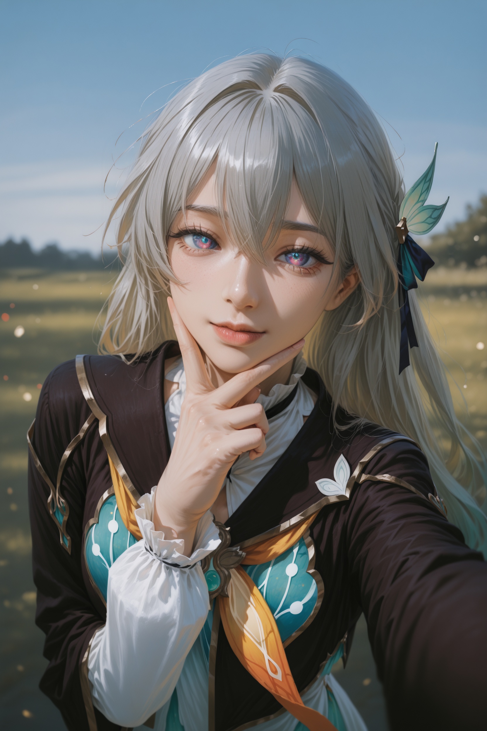 (illustration:1.1),hxxg,(wlop:0.7),.,.,general,.,.,1girl,selfie,jewelry,outdoors,firefly \(honkai: star rail\),, very aesthetic, masterpiece, highres, absurdres,