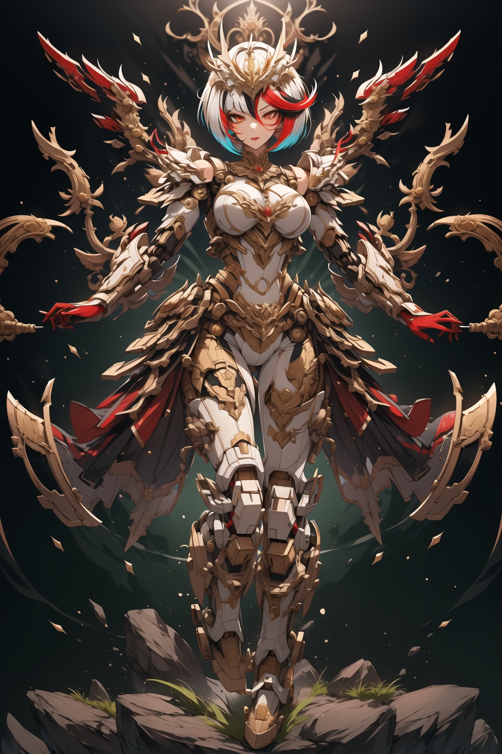 gold,mecha,1girl,solo,full body,looking at viewer,white background,bob cut,short hair,multicolored hair,makeup,parted lips,red lips,eyeliner,