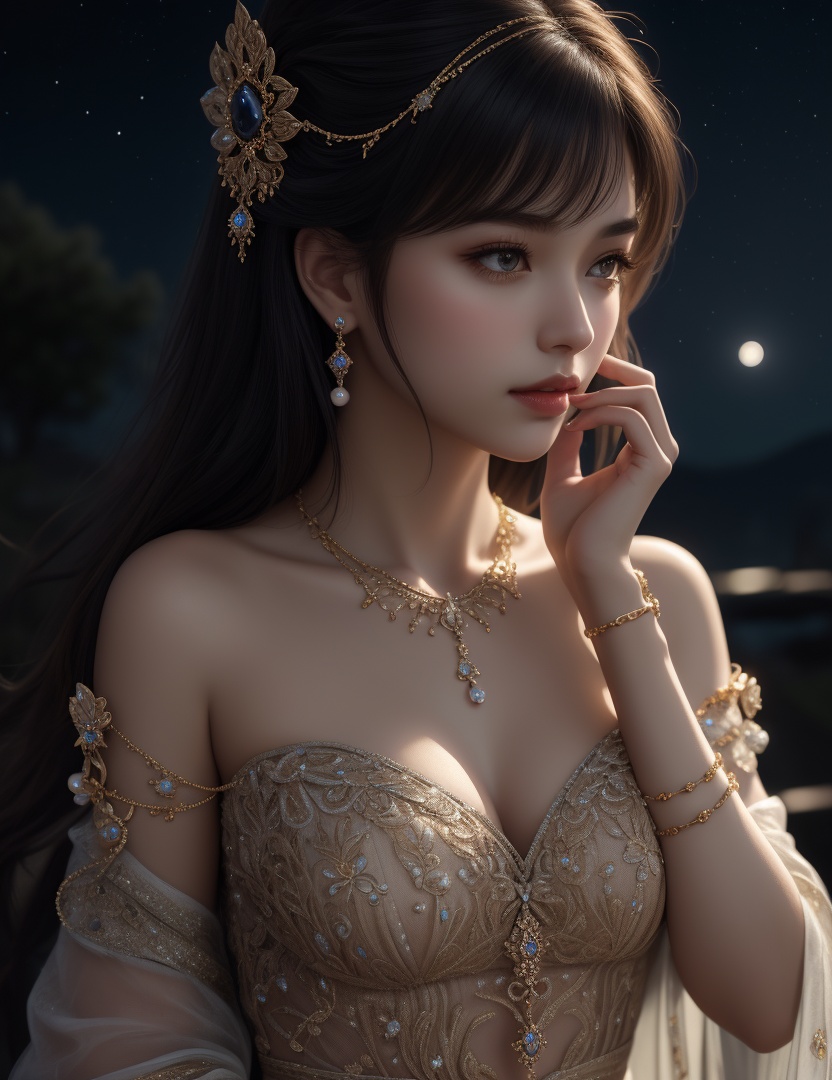 (,1girl, ,best quality, ),looking at viewer,masterpiece(,1girl,night, starry sky, milky way,outdoors, full moon,  night sky, darkness,  world of darkness, , ) ,ultra realistic 8k cg,   clean, masterpiece,     (( , )),, , , prestige, luxury, jewelry, diamond, gold, pearl, gem, sapphire, ruby, emerald, intricate detail, delicate pattern, charming, alluring, seductive, erotic, enchanting, hair ornament, necklace, earrings, bracelet, armlet,halo((, )), (),