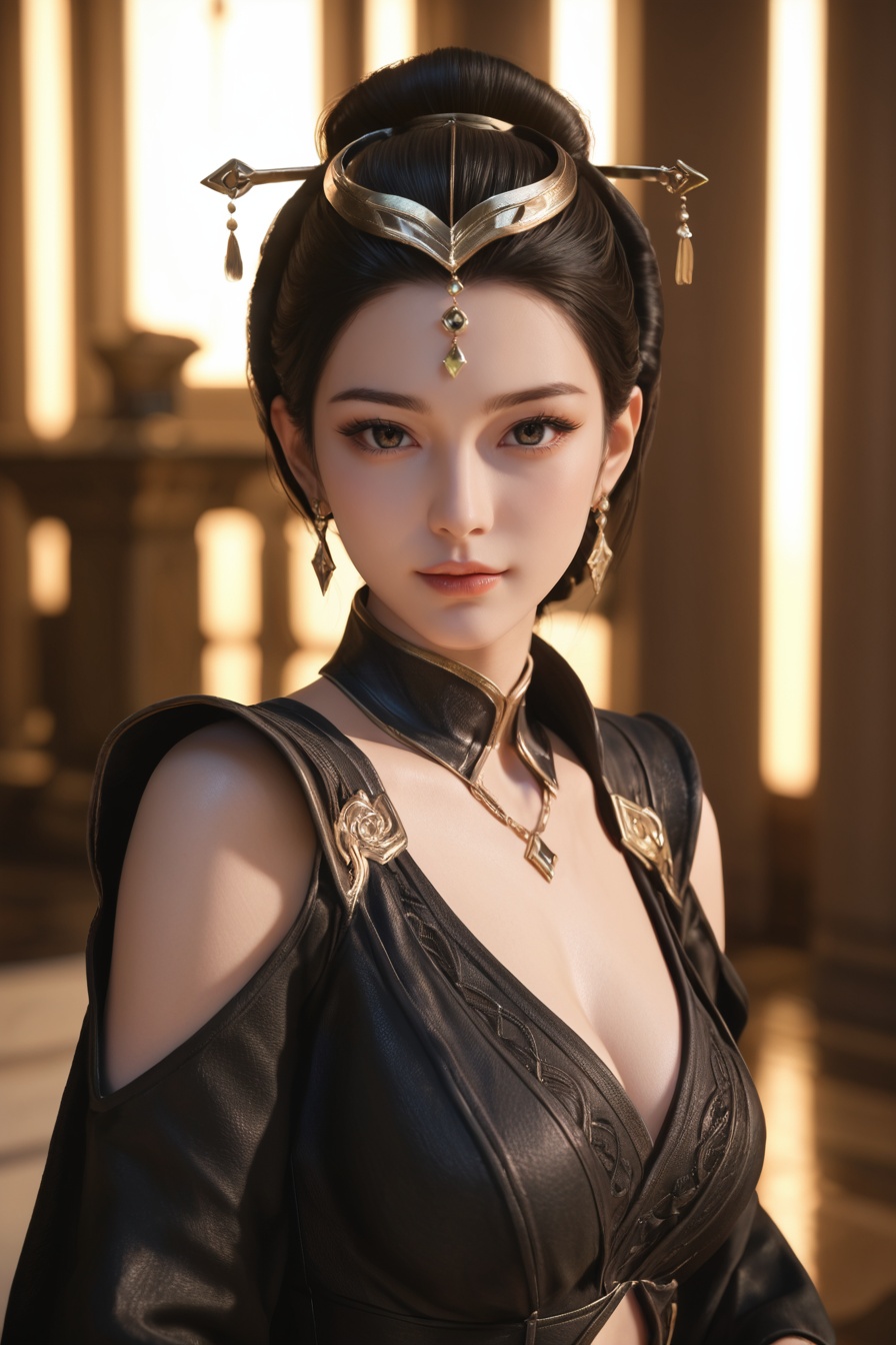 score_9,score_8_up,score_7_up,1girl,solo,3d,ultra-detailed,high resolution,perfect lighting,flawless skin,sharp focus,extremely detailed anatomy,Exquisite Craftsmanship,High-Resolution Beauty,Unparalleled Artistic Quality,masterpiece,best quality,official art,extremely detailed CG unity 8k wallpaper,<lora:温夫人:0.7>,black hair,earrings,hair ornament,headpiece,jewelry,looking at viewer,updo,