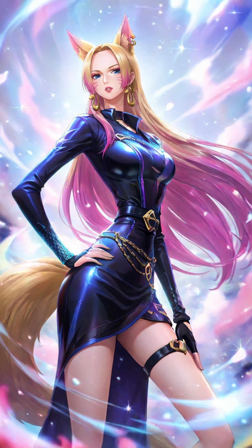 <lora:联盟女团1-000025:0.6>,lvjing,1girl,animal ears,fox ears,long hair,blonde hair,solo,k/da \(league of legends\),facial mark,hand on own hip,fox tail,tail,whisker markings,multicolored hair,official alternate costume,breasts,single fingerless glove,asymmetrical clothes,looking at viewer,pink hair,fingerless gloves,belt,parted lips,makeup,gloves,fox girl,jewelry,blue eyes,standing,long sleeves,medium breasts,thigh strap,dress,depth of field,masterpiece,best quality,very aesthetic,alternate costume,2024,2023,perfect composition,ultra-detailed,extreme aesthetic,masterpiece,best quality,good quality,newest,year 2024,year 2023,very aesthetic,absurdres,looking_at_viewer,colorful,<lora:女帝:0.6>,boa hancock one piece,boa hancock,1girl,black hair,long hair,jewelry,earrings,blue eyes,black eyes,