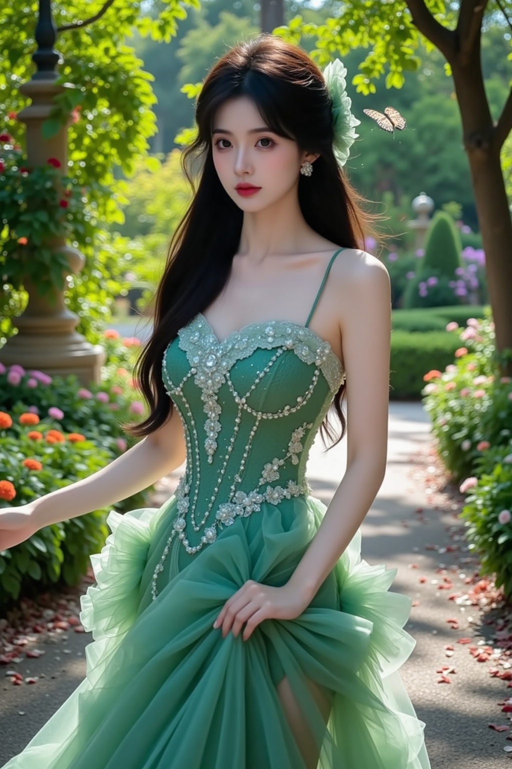 TYZ,"A lone woman with long black hair cascading **** a waterfall,adding soft waves that enhance her elegance. She wears an elaborate vintage-style green dress with a neckline adorned with delicate lace and pearl decorations,and the skirt is layered with tulle,resembling a blooming flower. Her makeup is retro and meticulous,with dark red lipstick and smoky eyeshadow highlighting her noble demeanor.,The background is a vibrant garden where sunlight filters through lush foliage,casting dappled shadows. Various colored flowers bloom in the garden,and butterflies flutter among them. She stands on a petal-strewn path,gracefully arranging her dress,blending harmoniously with the surrounding nature.,The entire scene is rich in detail,from the texture of the dress to the play of light and shadow in the garden and the expression on the person's face,presenting a beauty that combines retro and natural elements,suitable for high-resolution wallpapers or photographic works.",