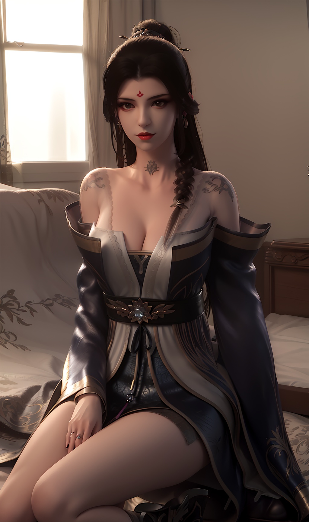 3D,masterpiece,(best quality),(makeup),official art, extremely detailed cg 8k wallpaper,((crystalstexture skin)), (extremely delicate and beautiful),(highly detailed),(face),(collar),(cleavage),(long_sleeves),(pigtail),(hairpin),(facial_mark),(tattoo),(1girl), (solo), (jewelry), (earrings),(black_hair),(long_hair),(hair_ornament),(handwear),(breasts),(sitting),((full_body,whole_body)),(bare_shoulders),(closed_mouth),(off-shoulder_dress),(black_shorts_skirt:1.000),(multicolored_clothes),(multicolored_dress),(shiny_clothes),(city,indoor,bed),(long_legs),(robe),,((looking_at_viewer)),((Facing the camera)),(boots),(black_footwear),, <lora:hipoly3DModelLora_v10:0.3>