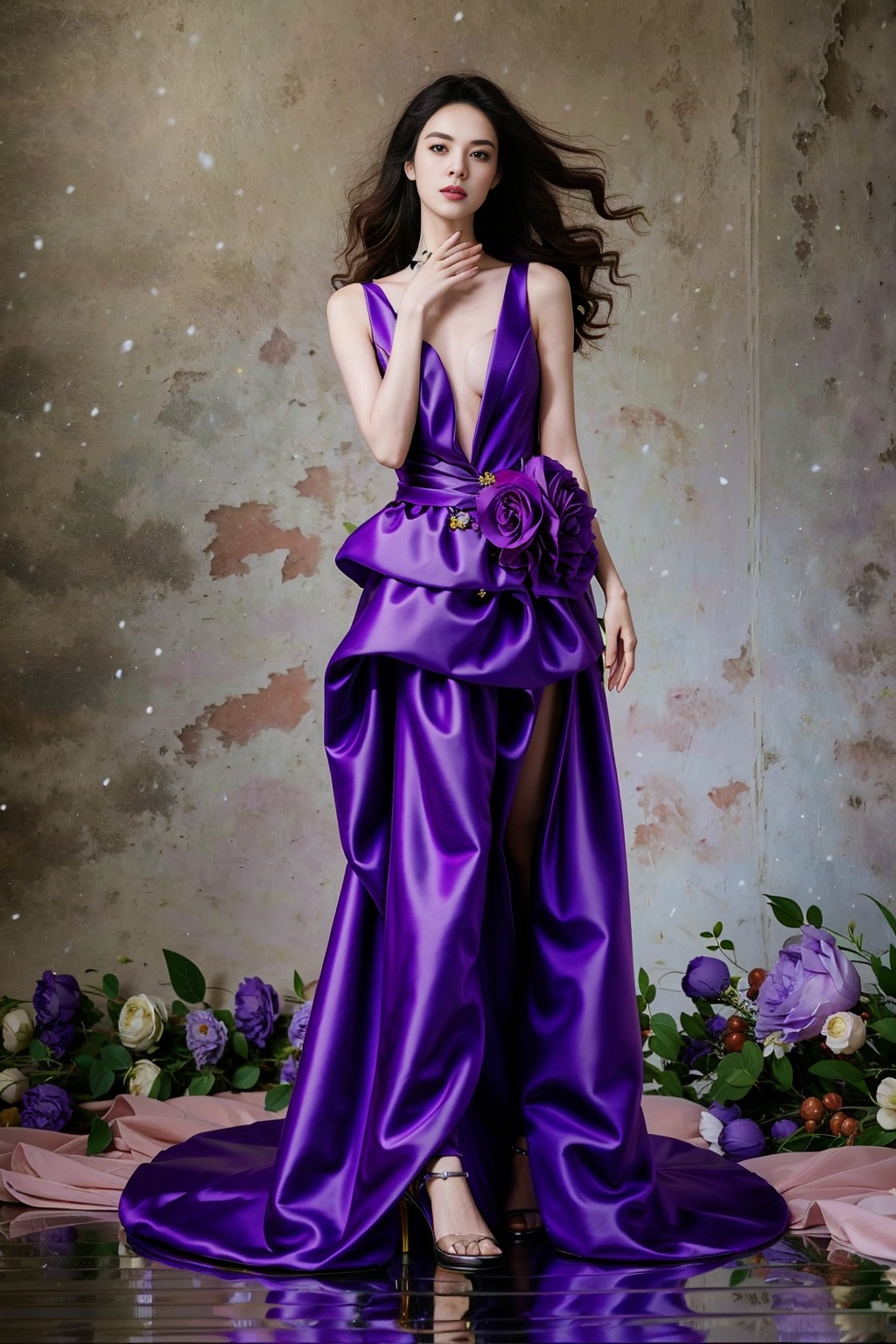 lifu,1girl, dress, solo, black hair, high heels, long hair, purple dress, flower, realistic, standing,normal hands, 5 fingers on each hand, perfect hands, 