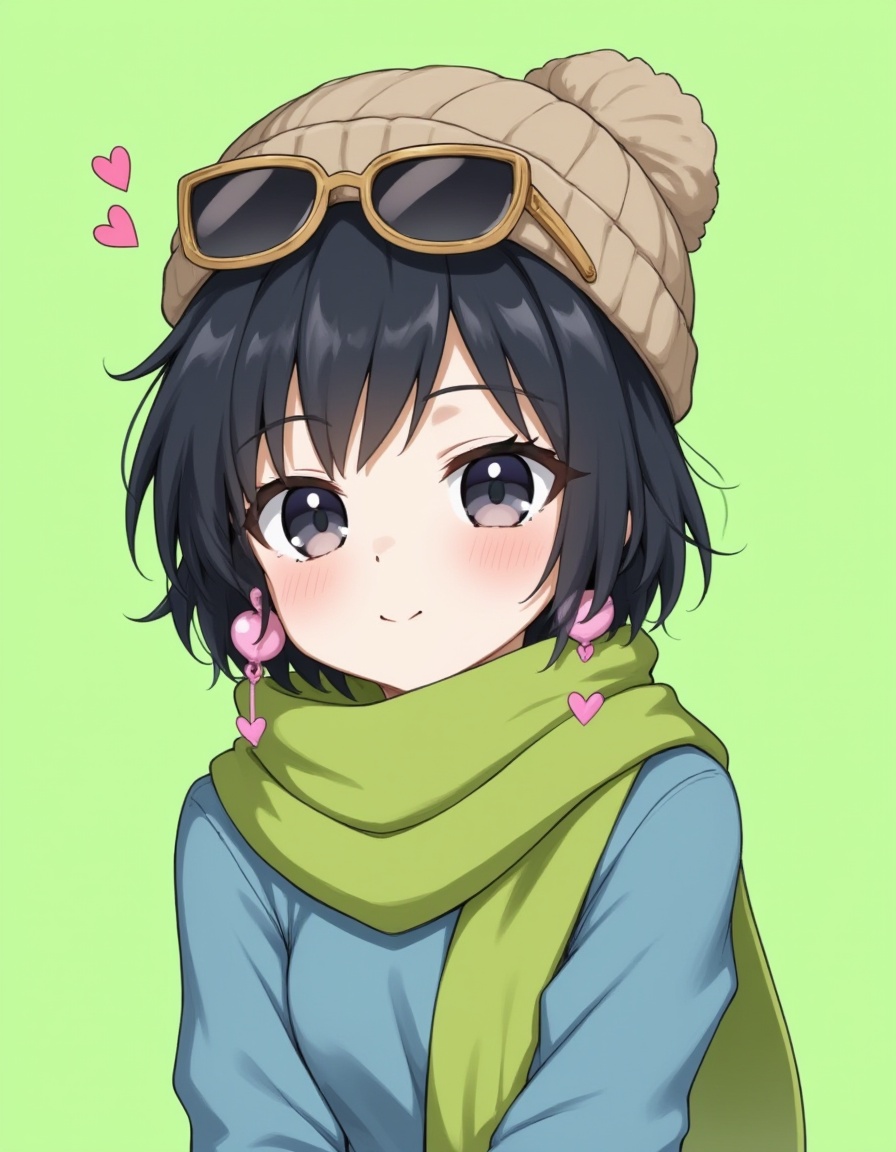 1girl,black hair,jewelry,beanie,earrings,scarf,solo,green background,hat,sunglasses,heart,green scarf,simple background,heart earrings,upper body,short hair,bangs,looking at viewer,black eyes,