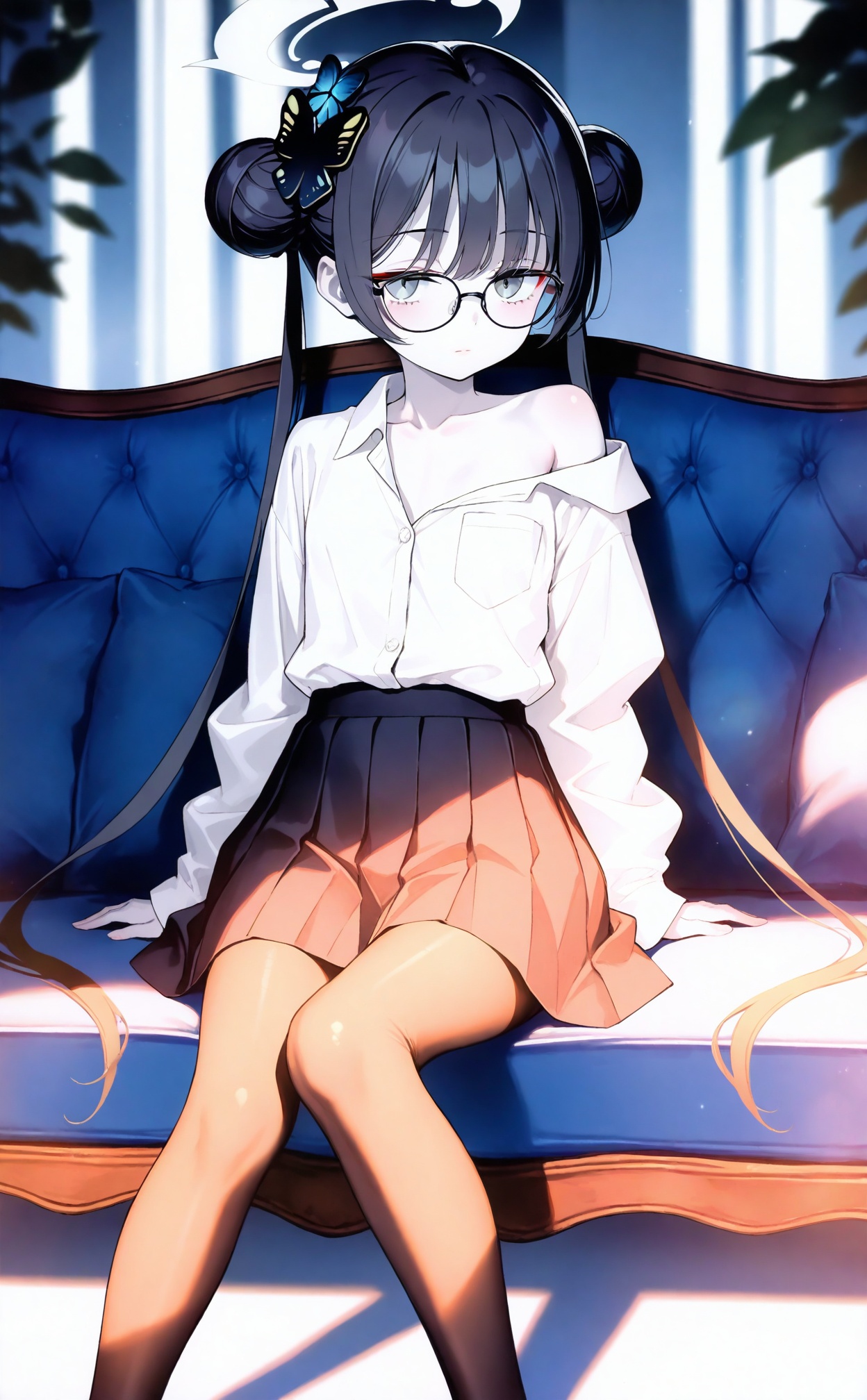 masterpiece,best quality,high quality,loli,white_skin,pale_skin,fair_skin,1girl,solo,butterfly hair ornament,halo,double bun,kisaki (blue archive),hair bun,skirt,black hair,glasses,shirt,hair ornament,white shirt,long hair,twintails,round eyewear,looking at viewer,pantyhose,black skirt,long sleeves,alternate costume,sitting,bespectacled,pleated skirt,closed mouth,single bare shoulder,off shoulder,shirt tucked in,grey eyes,grey halo,black pantyhose,collarbone,black-framed eyewear,couch,collared shirt,blue eyes,arm support,white halo,very long hair,on couch,official art,depth of field,high contrast,colorful,detailed light,light leaks,beautiful detailed glow,best shadow,shiny skin,cinematic lighting,ray tracing,best quality,amazing quality,very aesthetic,absurdres,beast quality,masterpiece,ultra detailed,newest,8K,HDR,