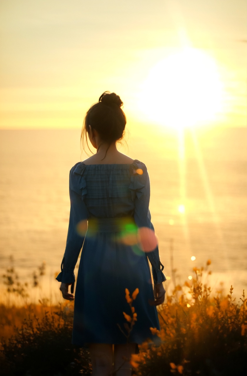 masterpiece,best quality,absurdres,1girl, solo, standing, blurry, outdoors, single hair bun, hair bun, long sleeves, sunlight, dress, depth of field, from behind,profile,cowboy shot,sunset,gradient sky,sun,sunlight,
