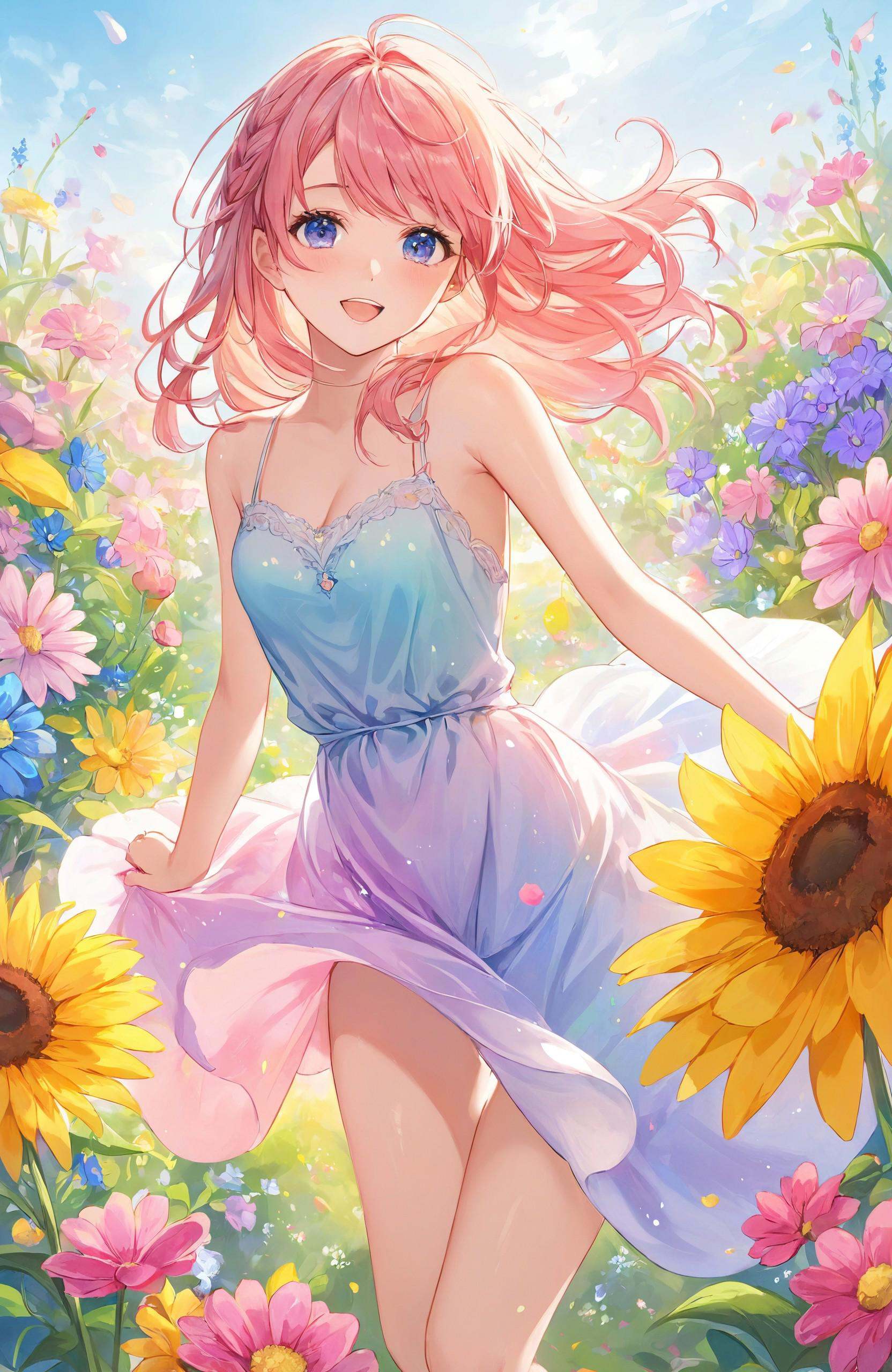 A young girl in a flowing pastel dress,  surrounded by vibrant flowers that seem to burst into existence from the canvas....