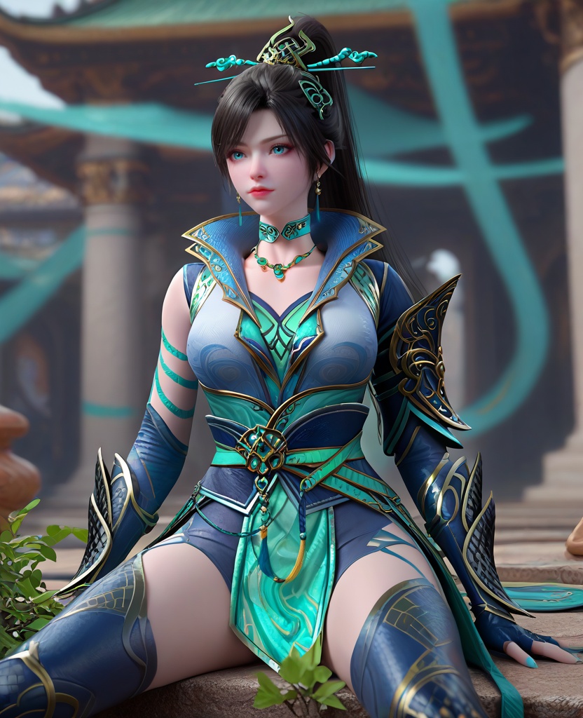 (oriental architecture, elegant decor, sophisticated style:1.1),(reclining:1.1),looking at viewer,(breasts:1.2),<lora:XL16斗破苍穹青鳞:0.95>,miss qinglin,blue gray jacket,cyan camisole,blue eyes,black hair,super long ponytail,hair ornament,earrings,jewelry,choker,spiral sigil,fingerless gloves,sash,blue gray cutout legging,black boots,cyan fart curtain,cyan pelvic curtain,, score_9,score_8_up,score_7_up,score_6_up,score_5_up,score_4_up,3d rendering,tag1,tag2, Cinematic Lighting,backlighting,, zPDXL3, zPDXL2,zPDXL, zPDXLxxx, zPDXLrl,